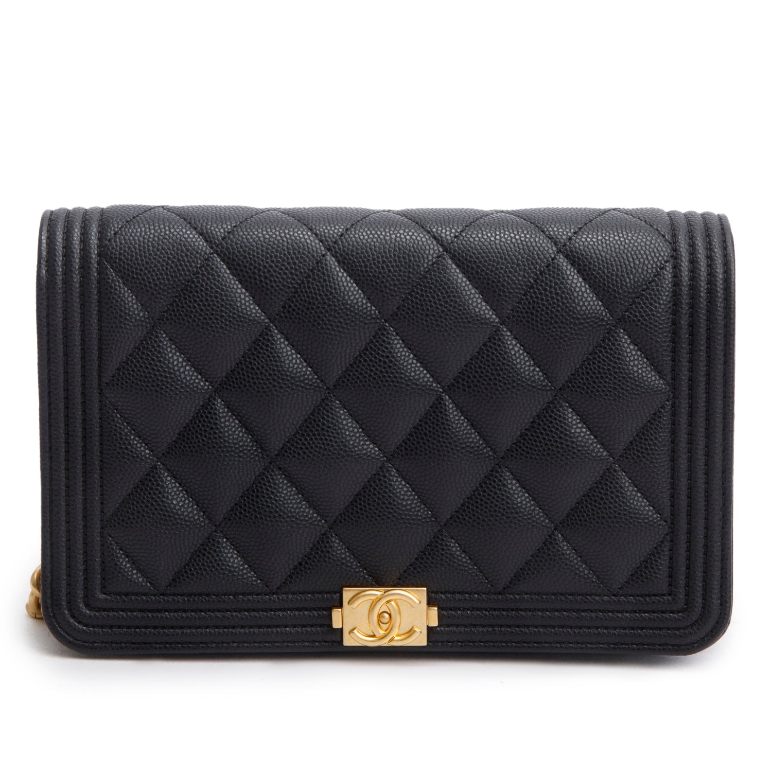Chanel Black Caviar Quilted Boy Wallet on Chain w/ Box