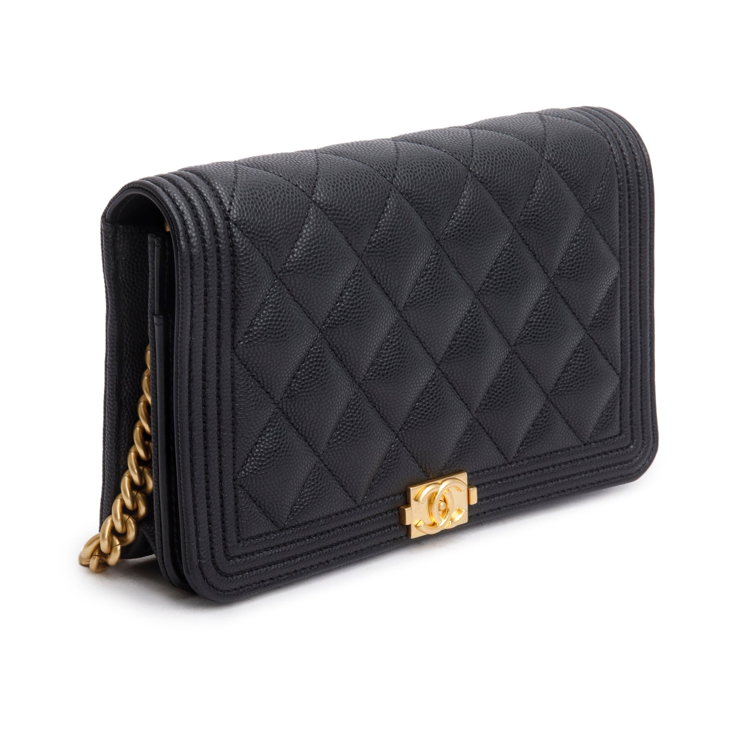 Chanel Black Caviar Quilted Boy Wallet on Chain w/ Box