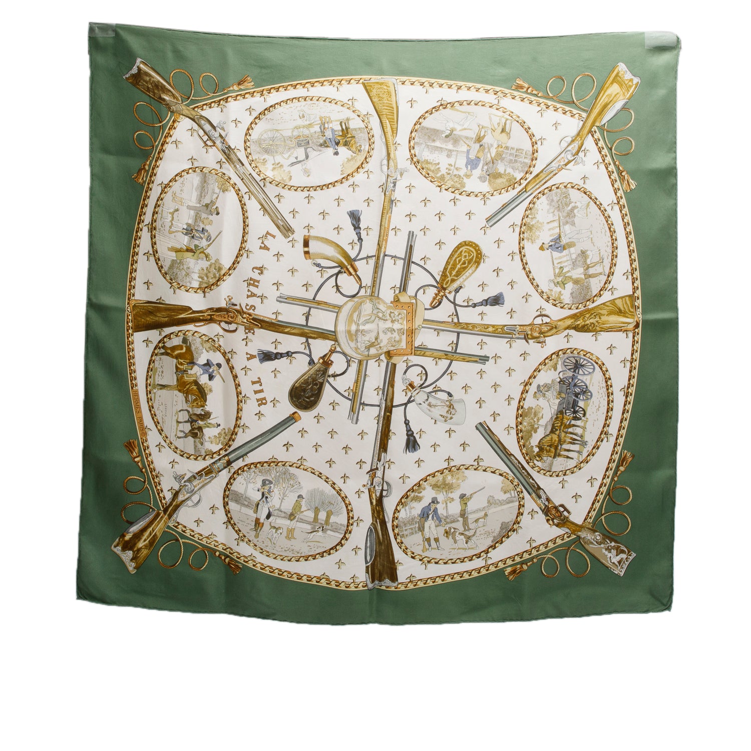 Hermes Green/Multicolor 'La Chase A Tir' Silk Scarf 90
