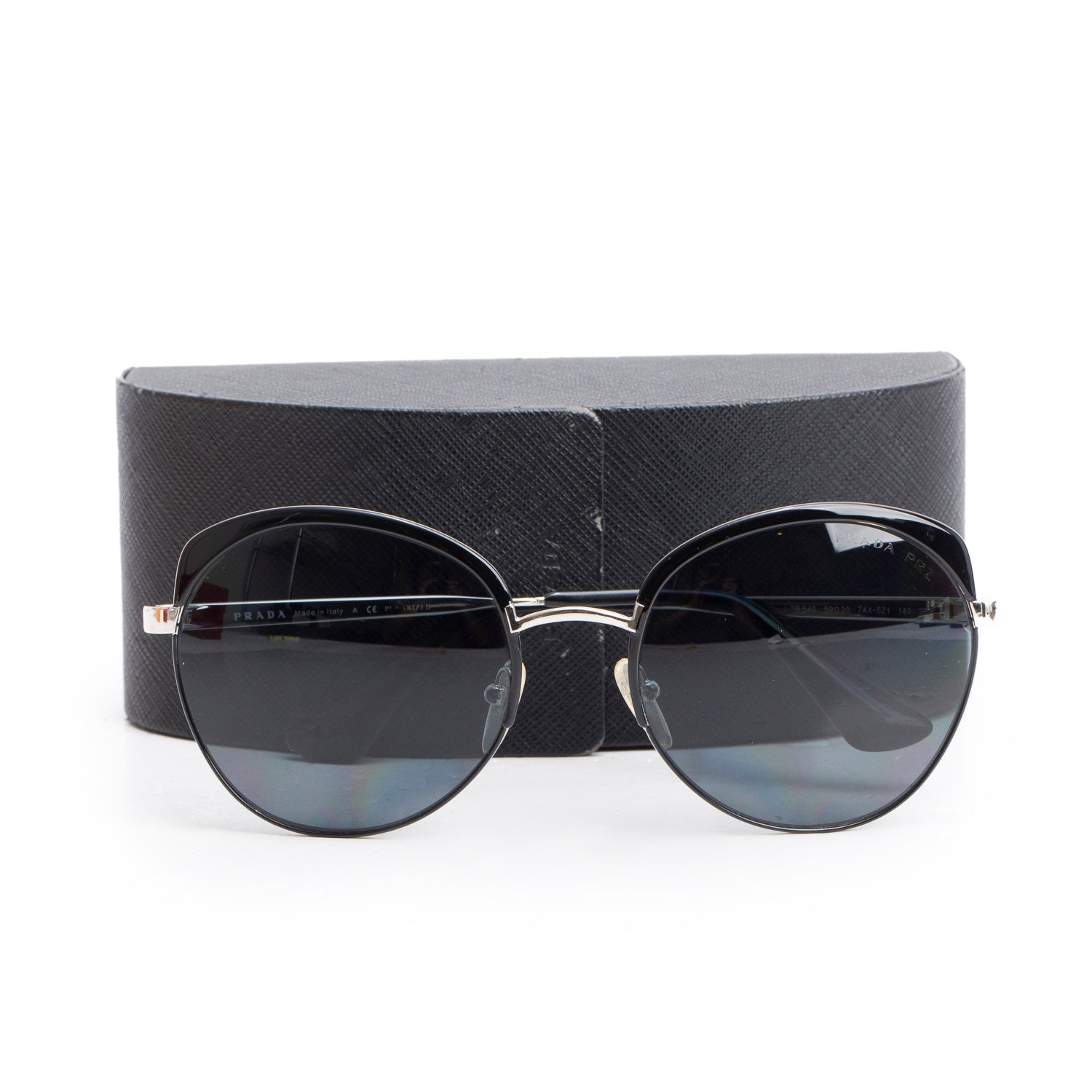 Prada SPR 54S Silver Tone Black Polarized Round Sunglasses w/ Case