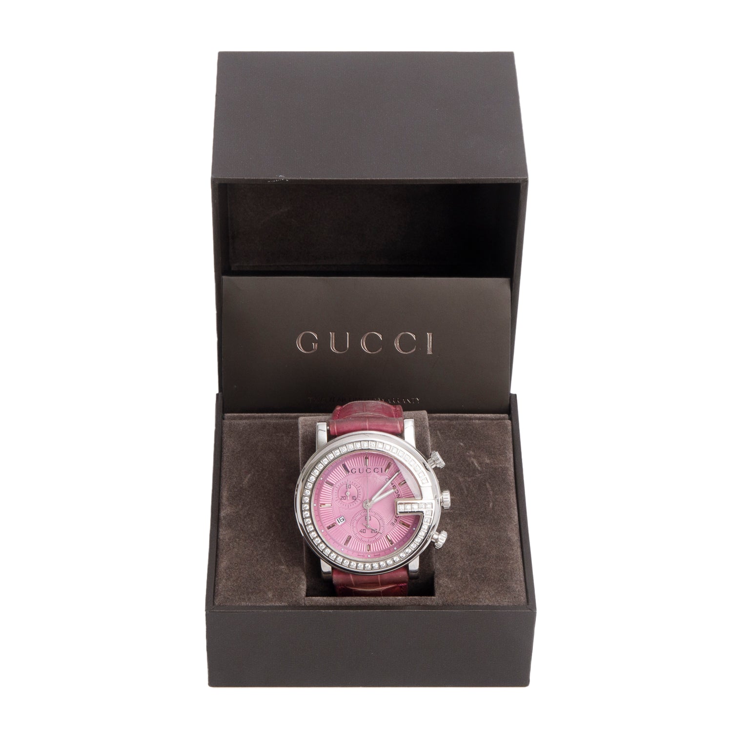 Gucci Stainless Steel Diamond Bezel G-Chrono 44 MM Chronograph Quartz Watch Pink Dial w/ Box & Papers
