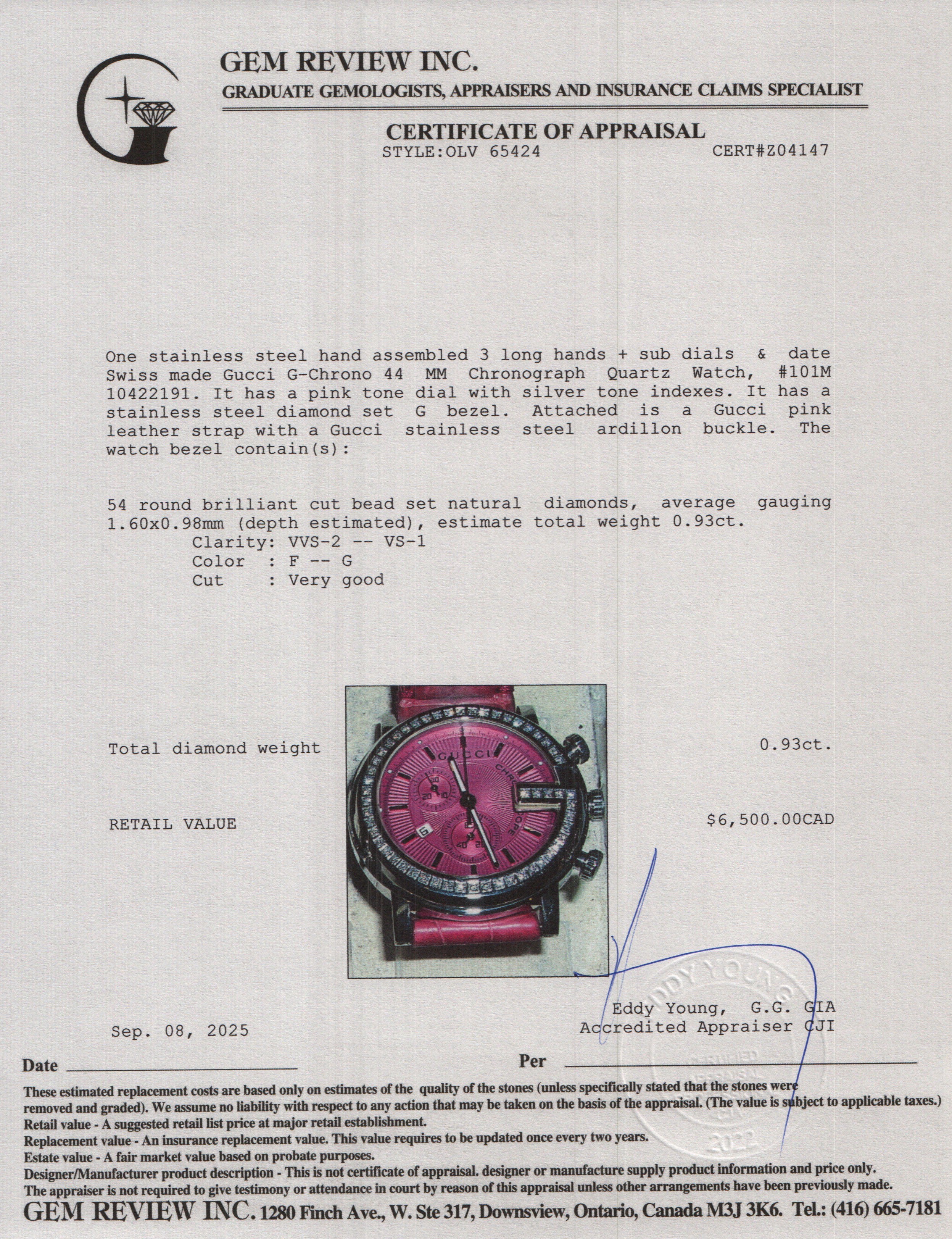 Gucci Stainless Steel Diamond Bezel G-Chrono 44 MM Chronograph Quartz Watch Pink Dial w/ Box & Papers
