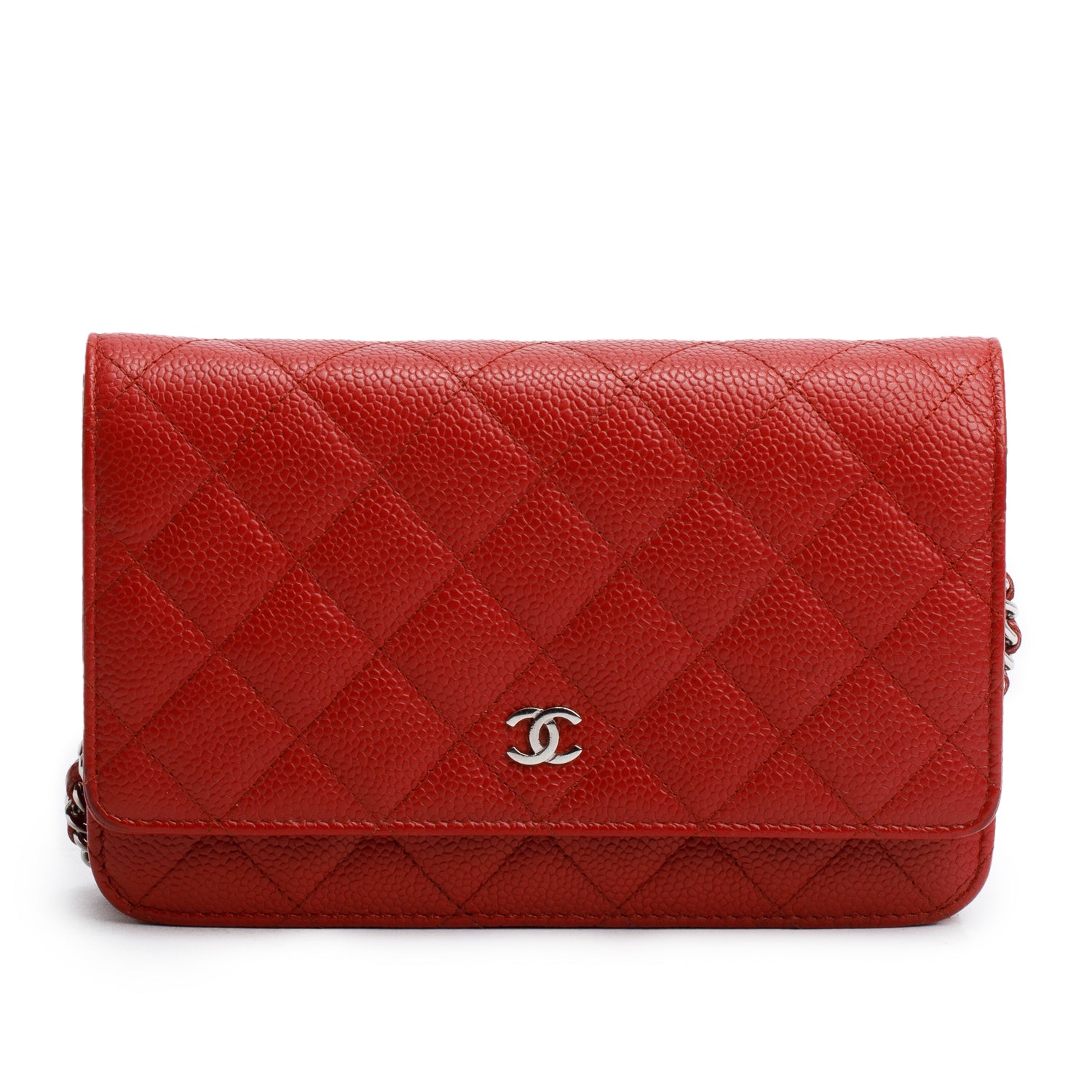 Chanel Red Quilted Caviar Leather Classic Wallet on Chain w/ Authenticity Card & Receipt