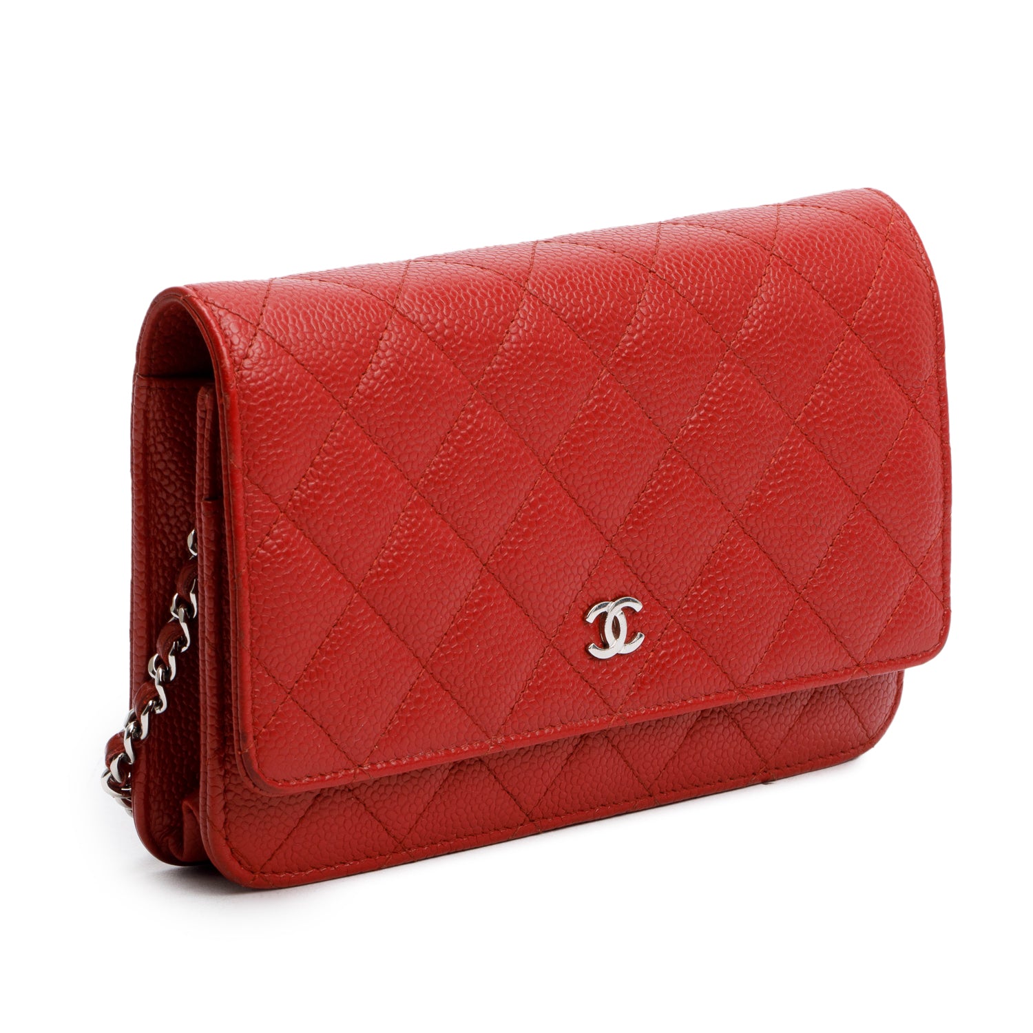 Chanel Red Quilted Caviar Leather Classic Wallet on Chain w/ Authenticity Card & Receipt