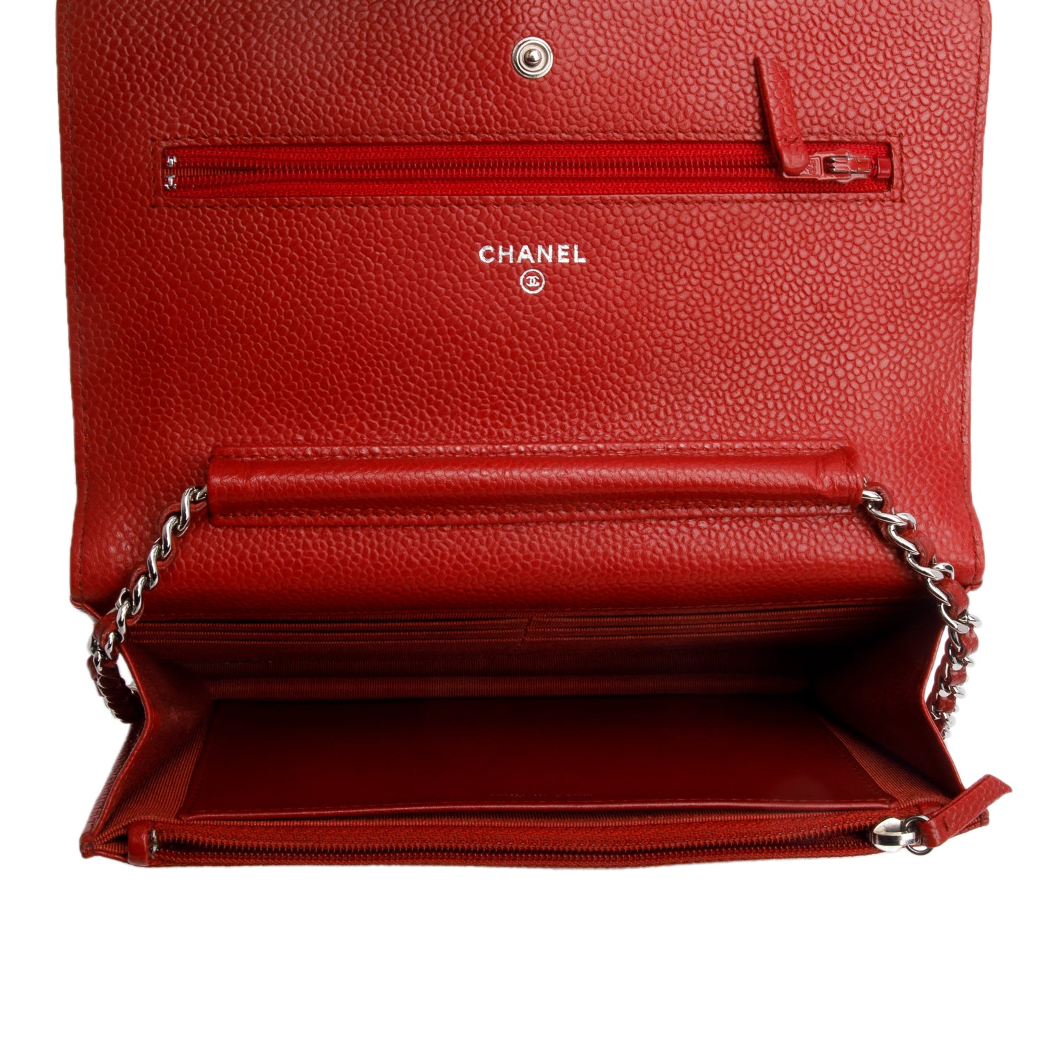 Chanel Red Quilted Caviar Leather Classic Wallet on Chain w/ Authenticity Card & Receipt