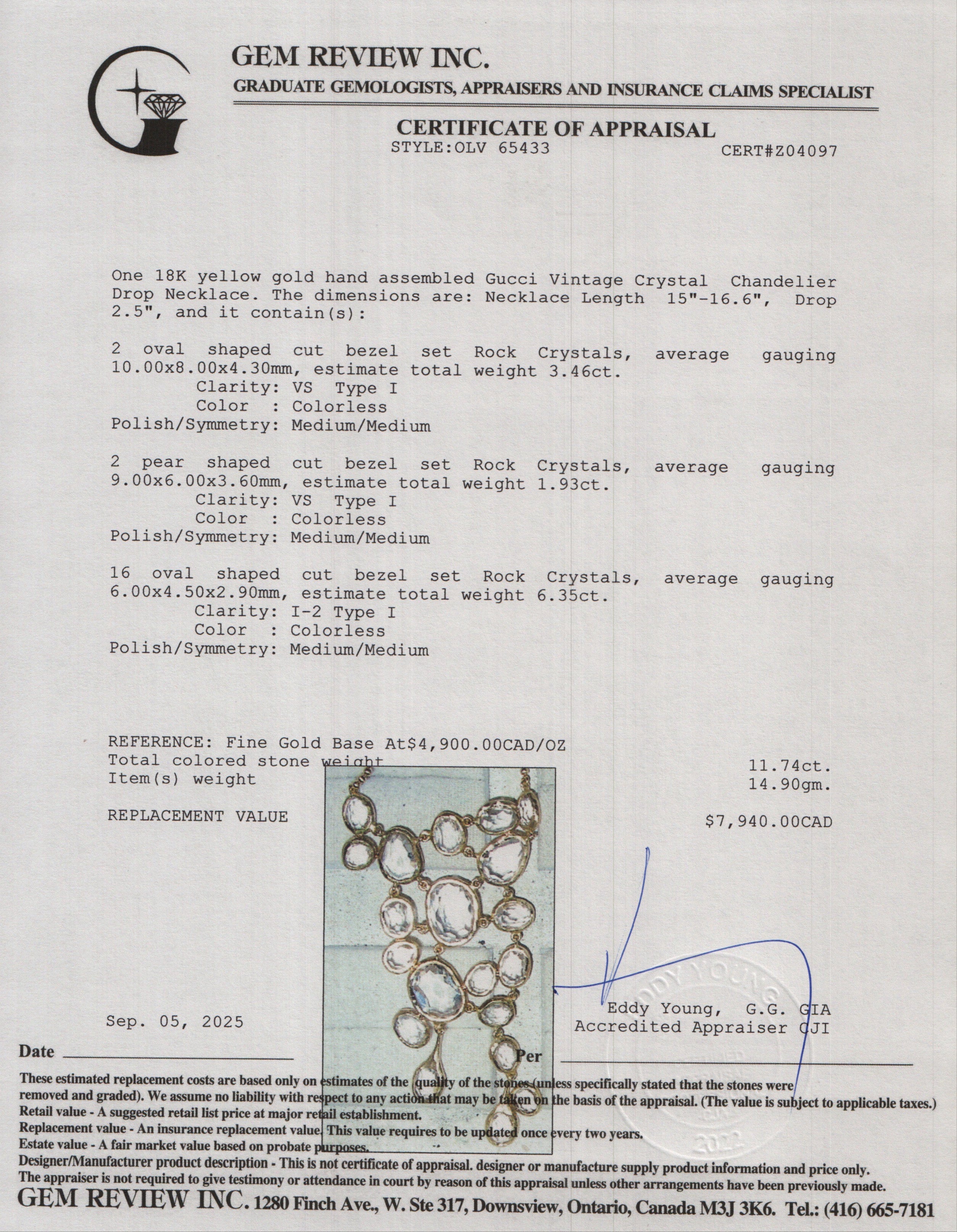 Gucci Vintage 18k Yellow Gold Rock Crystal Chandelier Drop Necklace