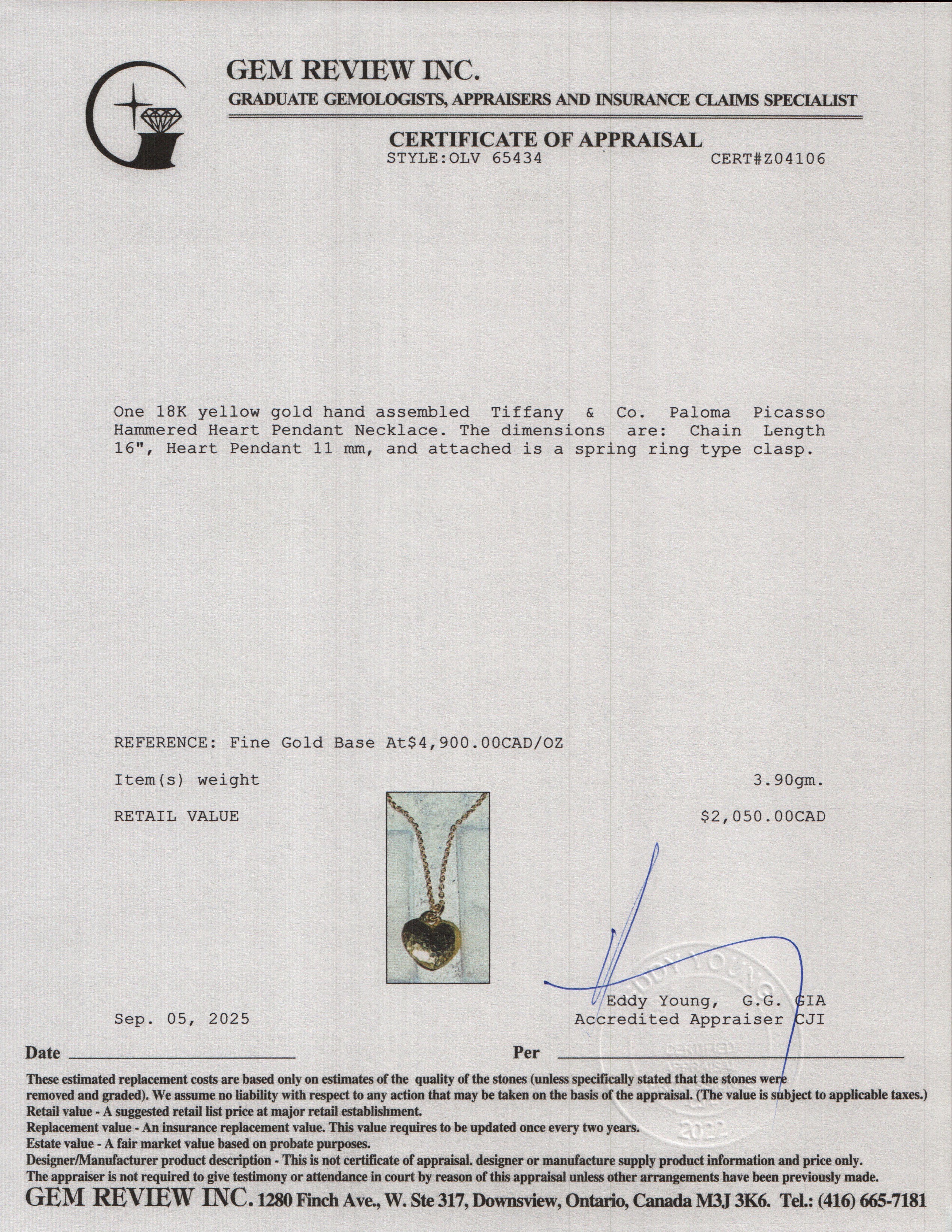 Tiffany & Co. Paloma Picasso 18k Yellow Gold Hammered Heart Pendant Necklace w/ Box & Receipt