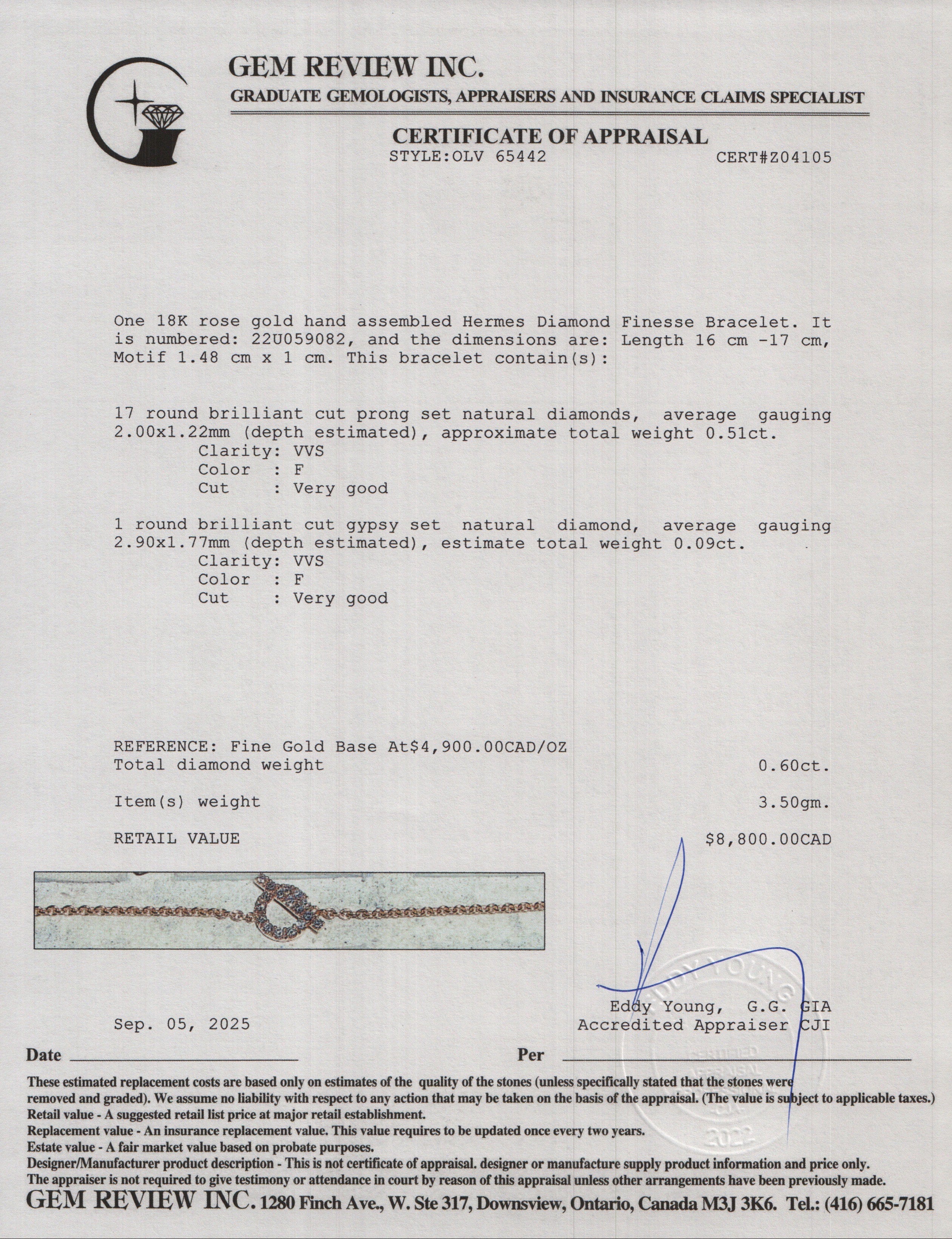 Hermes 18k Rose Gold Diamond Finesse Bracelet w/ Box