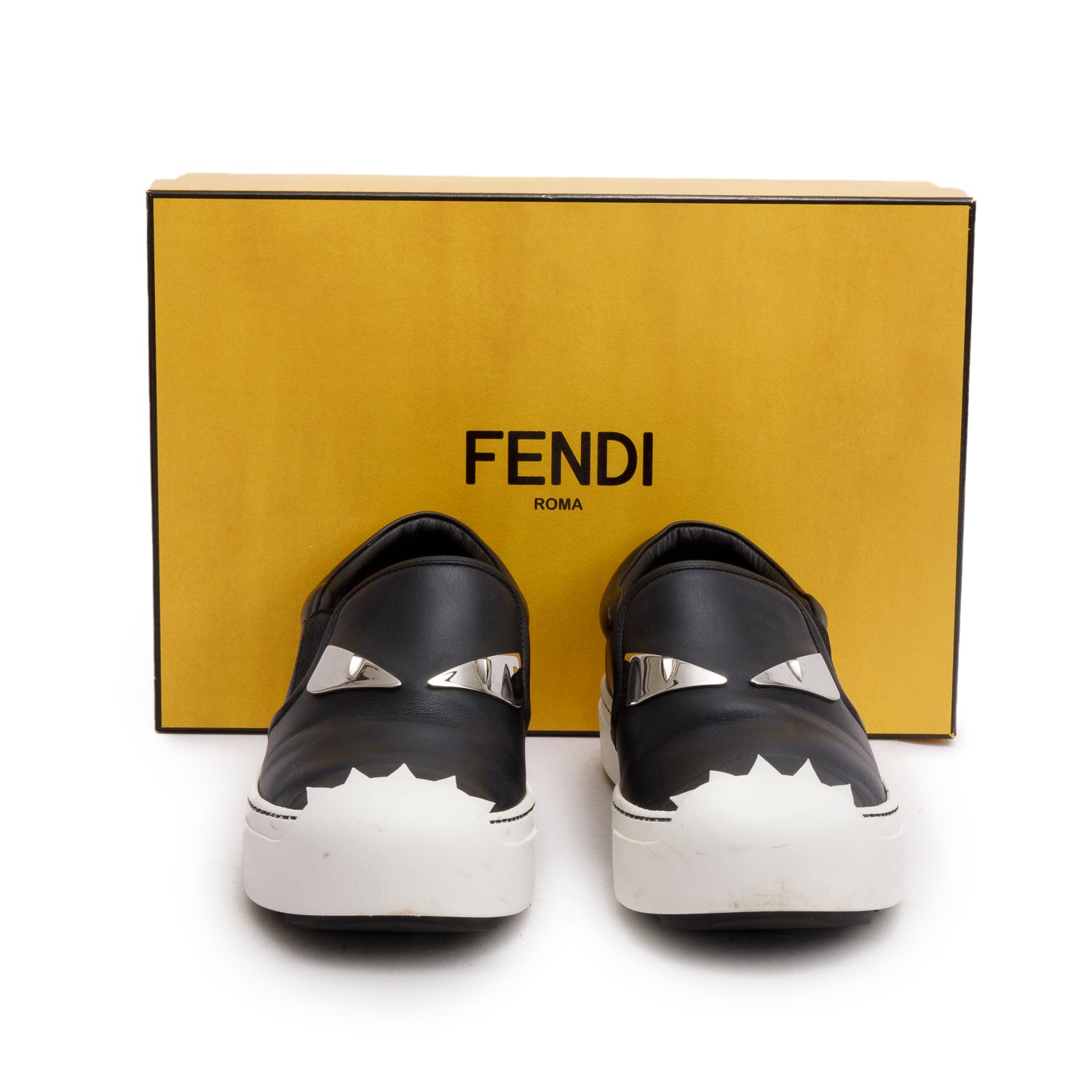 Fendi Black Leather Monster Eye Sneakers, Size 39 w/ Box