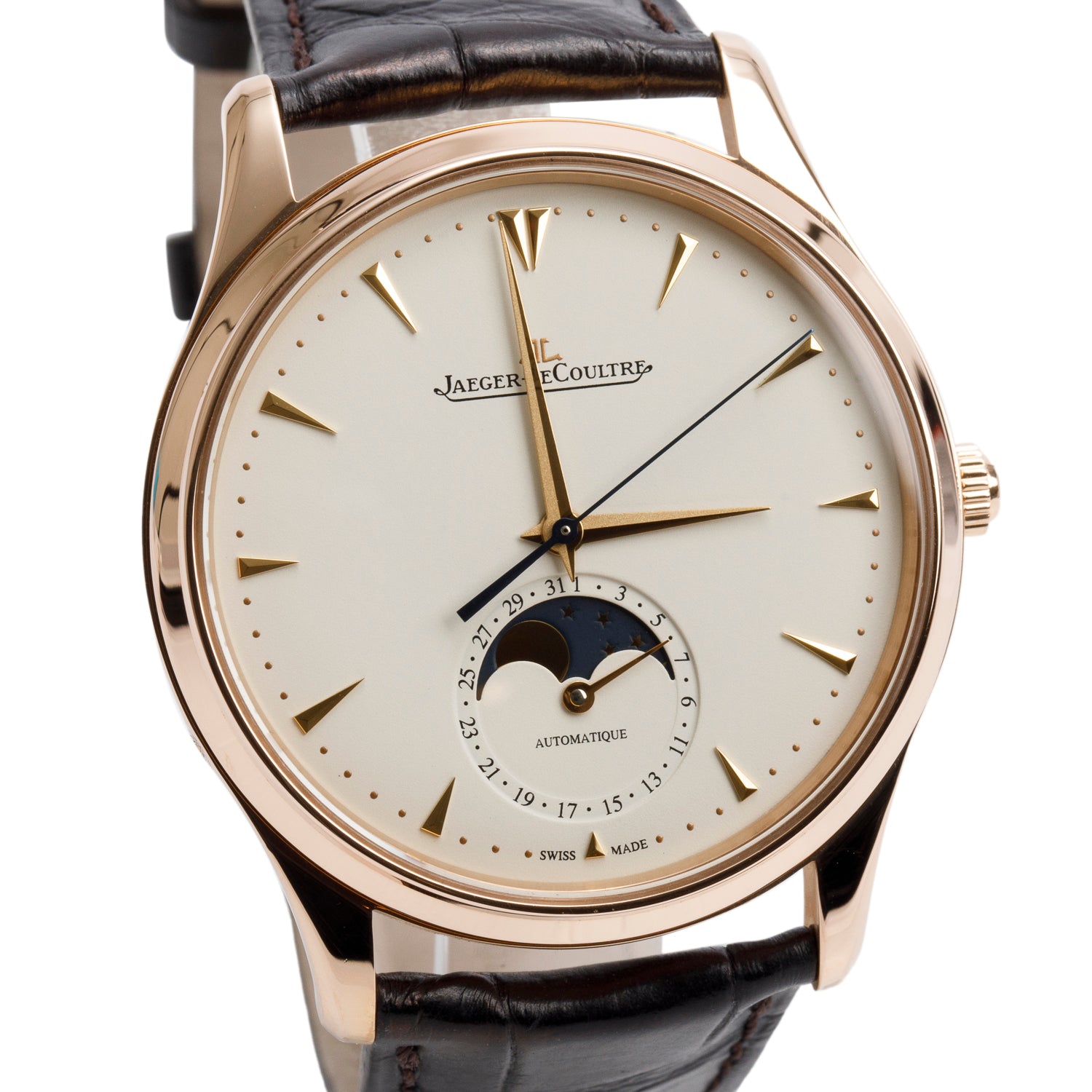 Jaeger LeCoultre 18k Rose Gold Master Ultra Thin Moon 39 MM Automatic Watch w/ Box & Papers