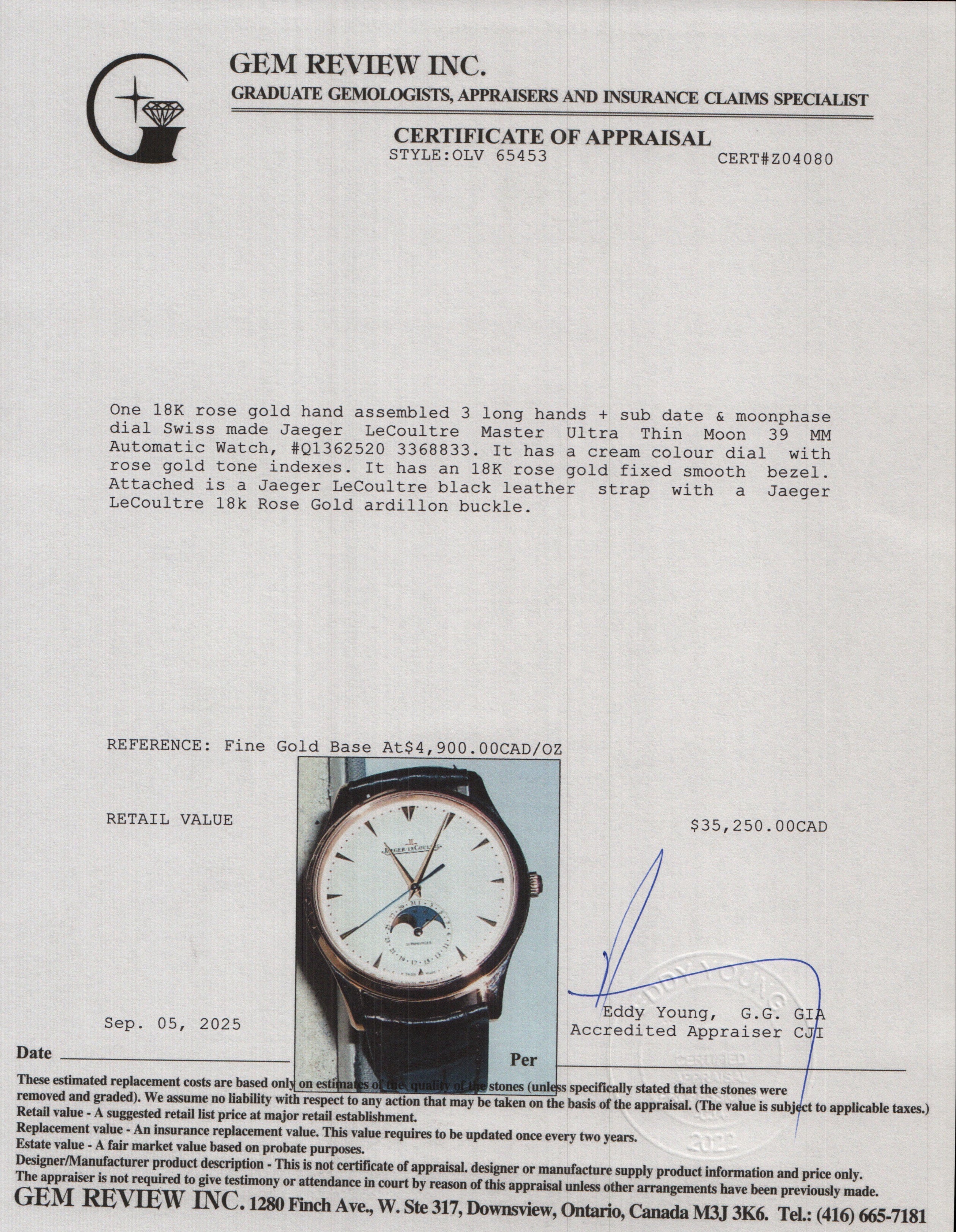 Jaeger LeCoultre 18k Rose Gold Master Ultra Thin Moon 39 MM Automatic Watch w/ Box & Papers