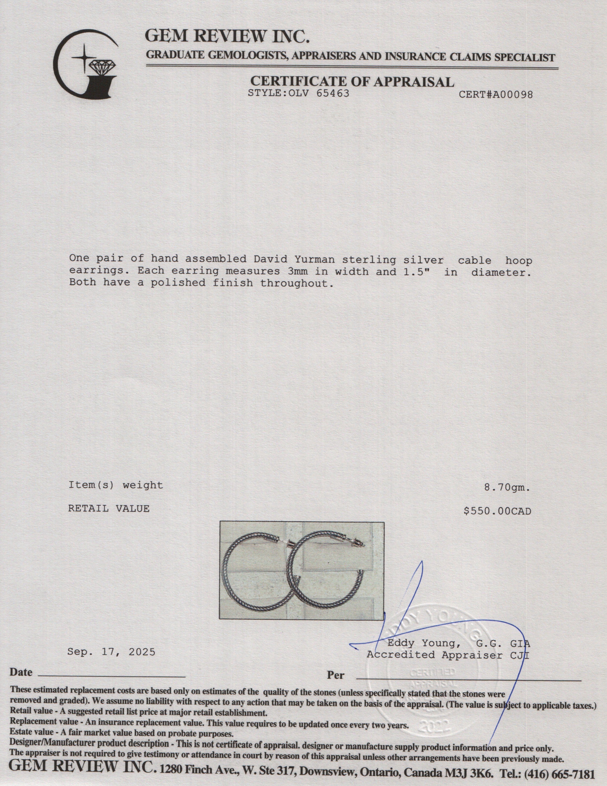 David Yurman Sterling Silver Cable Hoop Earrings