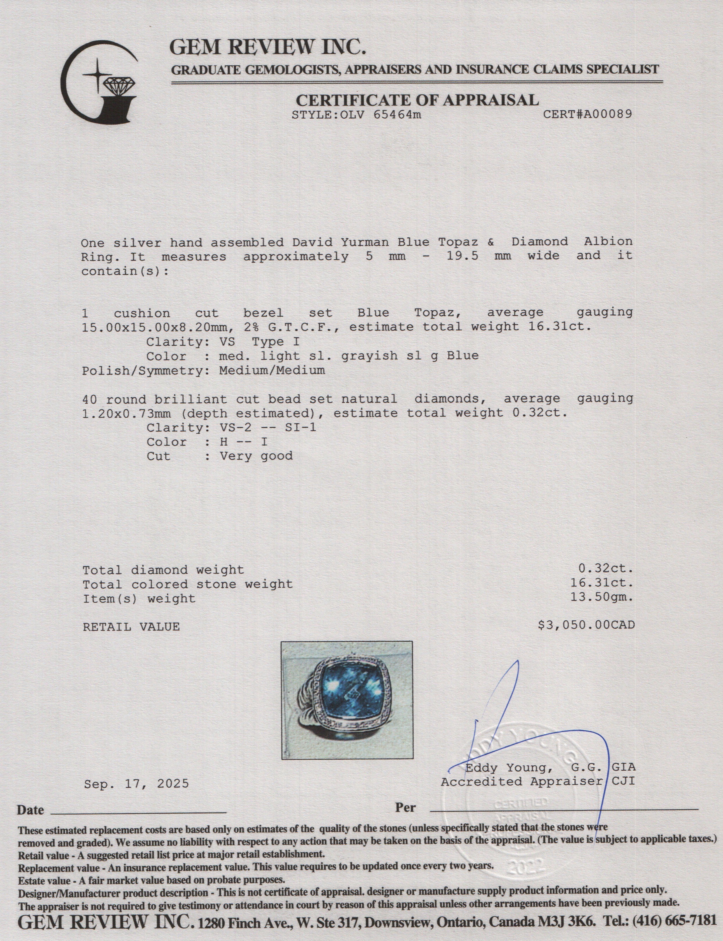 David Yurman Sterling Silver Blue Topaz & Diamond Albion Ring, Size 6