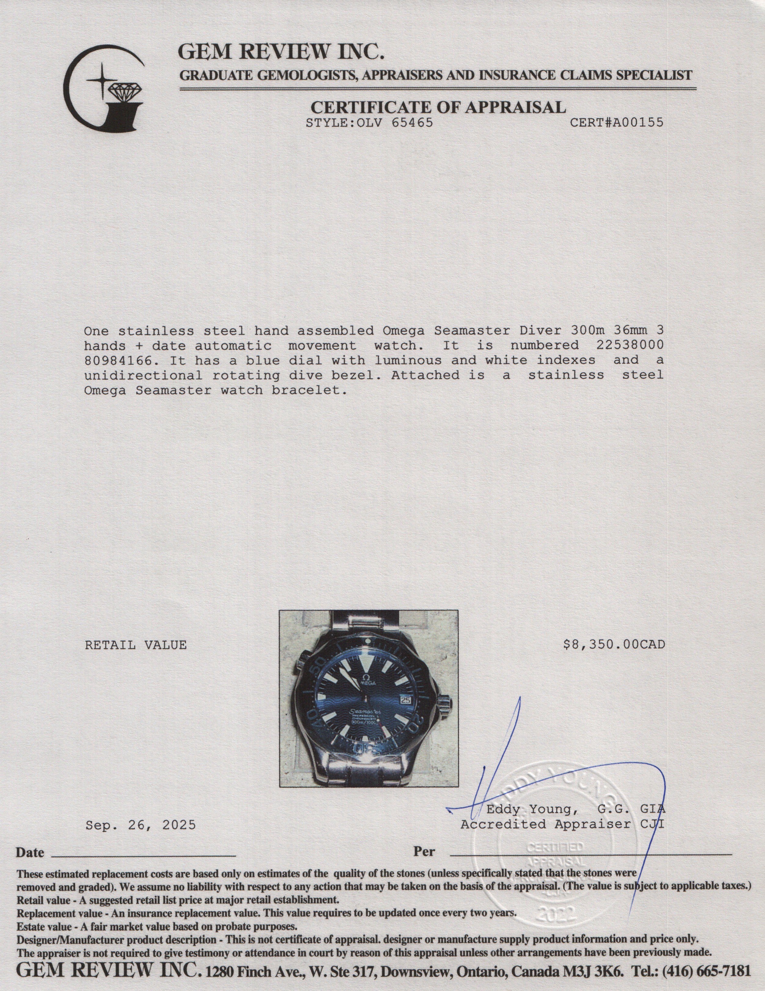 Omega Stainless Steel Seamaster Diver 300M 36 MM Automatic Watch Blue Dial w/ Carry Case & Papers