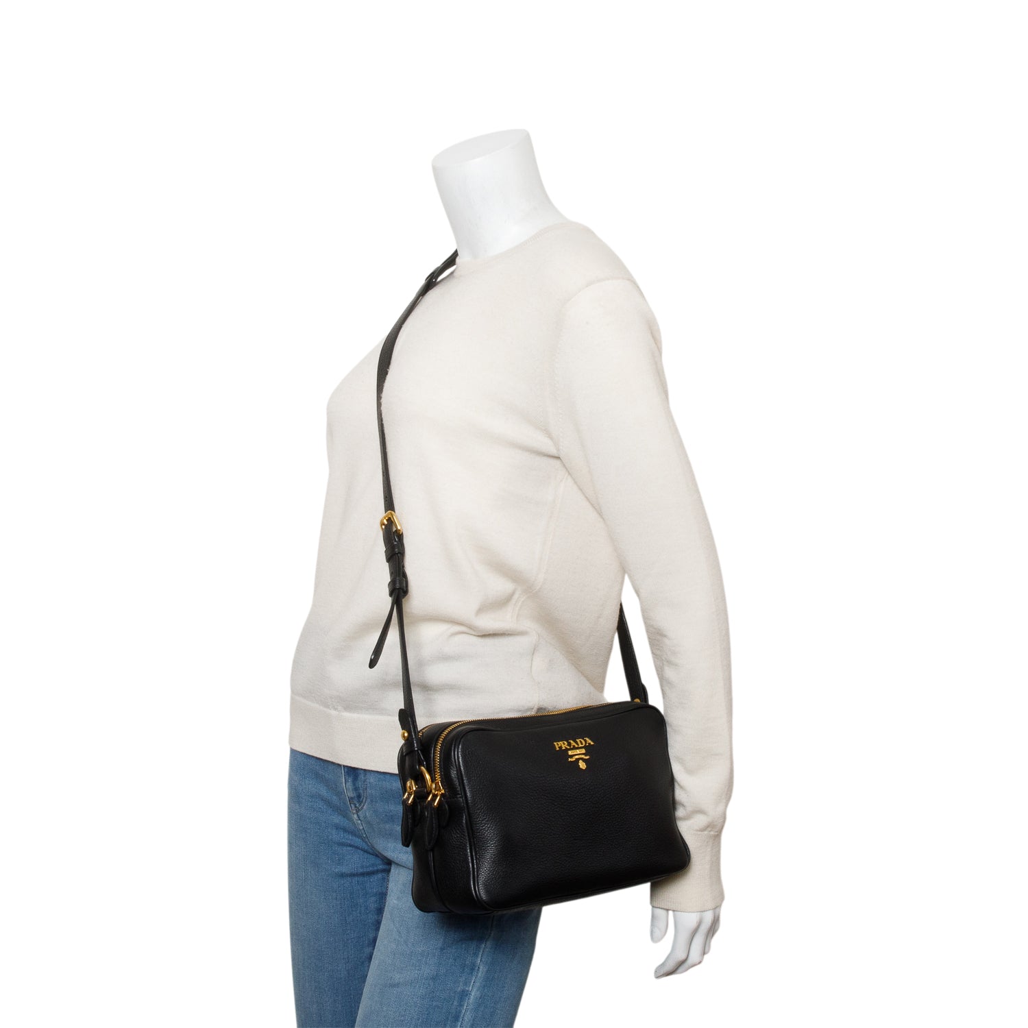 Prada Black Vitello Phenix Leather Camera Bag w/ Authenticity Card
