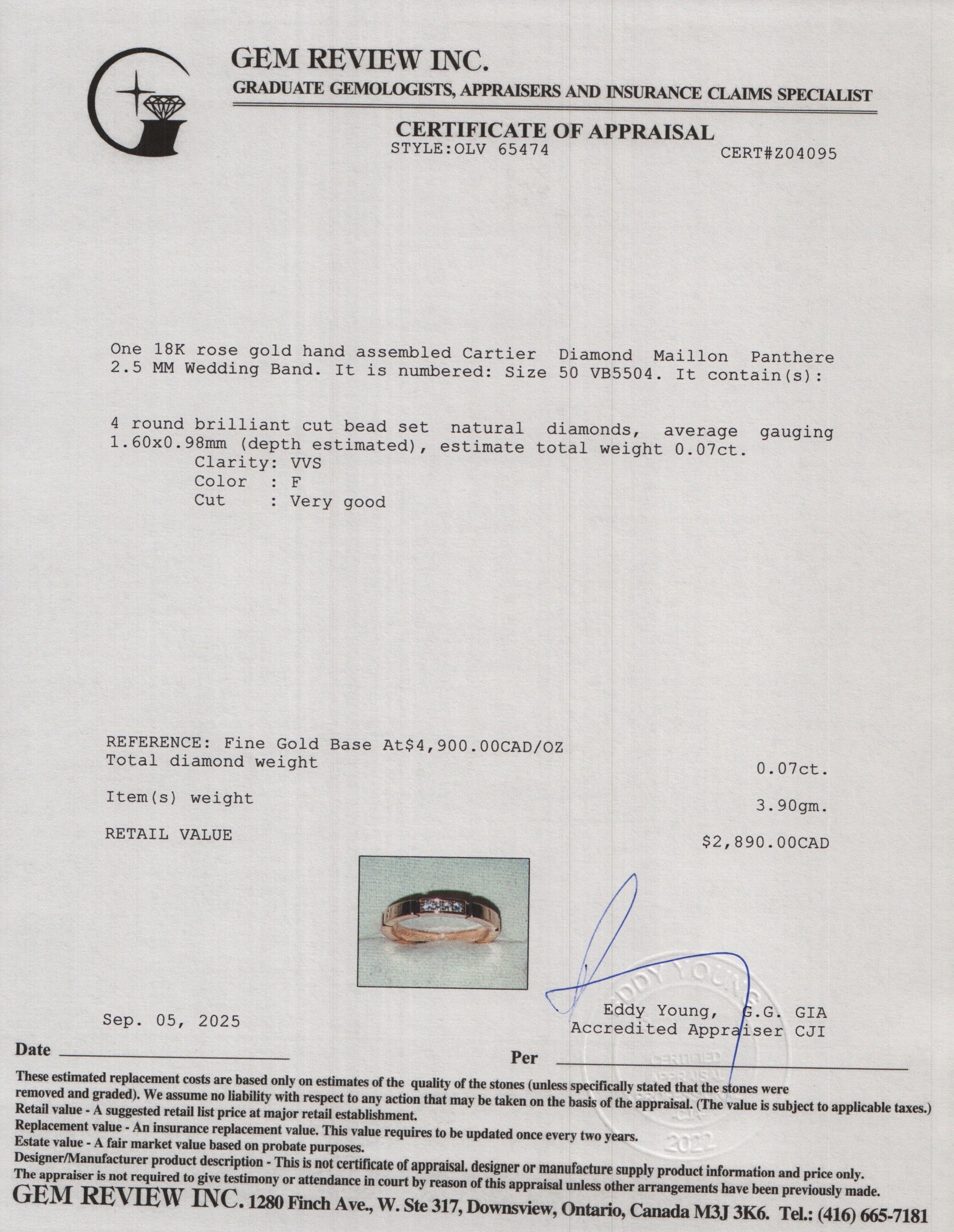 Cartier 18k Rose Gold Diamond Maillon Panthere 2.5 MM Wedding Band, Size 50 5.25 w/ Box, Receipt & Certificate