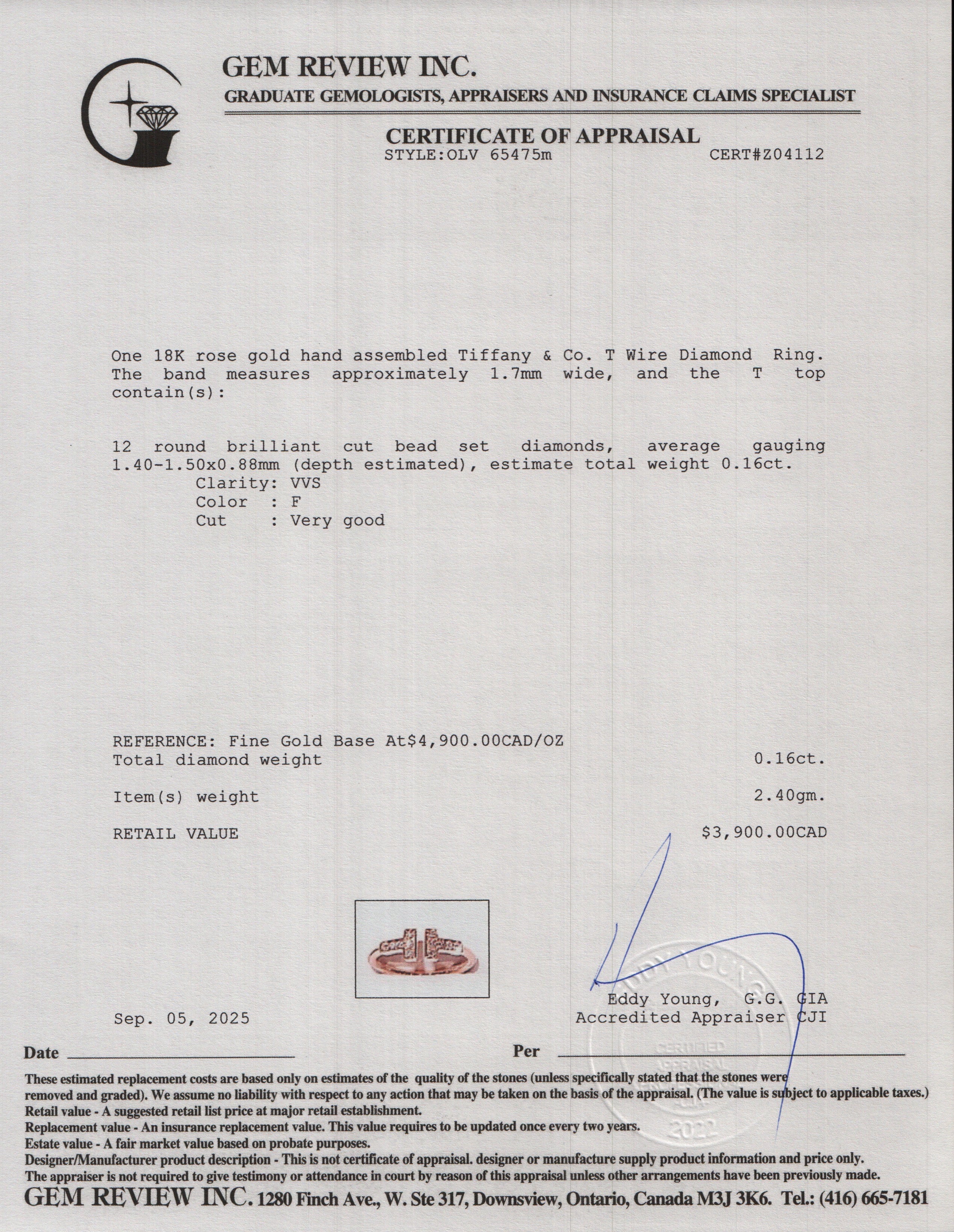 Tiffany & Co. 18k Rose Gold T Wire Diamond Ring, Size 5.5 w/ Box & Receipt