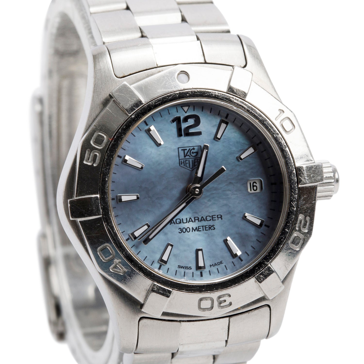Tag Heuer Stainless Steel Aquaracer 27 MM Quartz Watch Blue Mother of Pearl Dial WAF1417