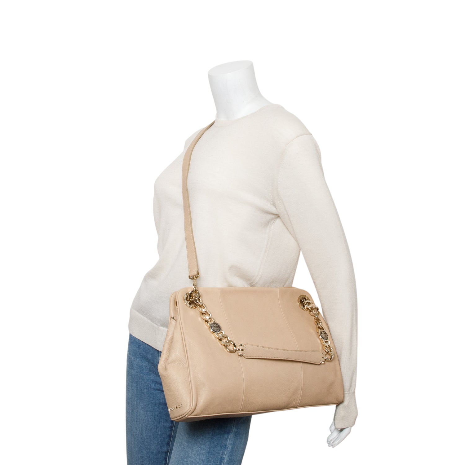 Bvlgari Beige Leather Monete Chain Tote Bag w/ Straps