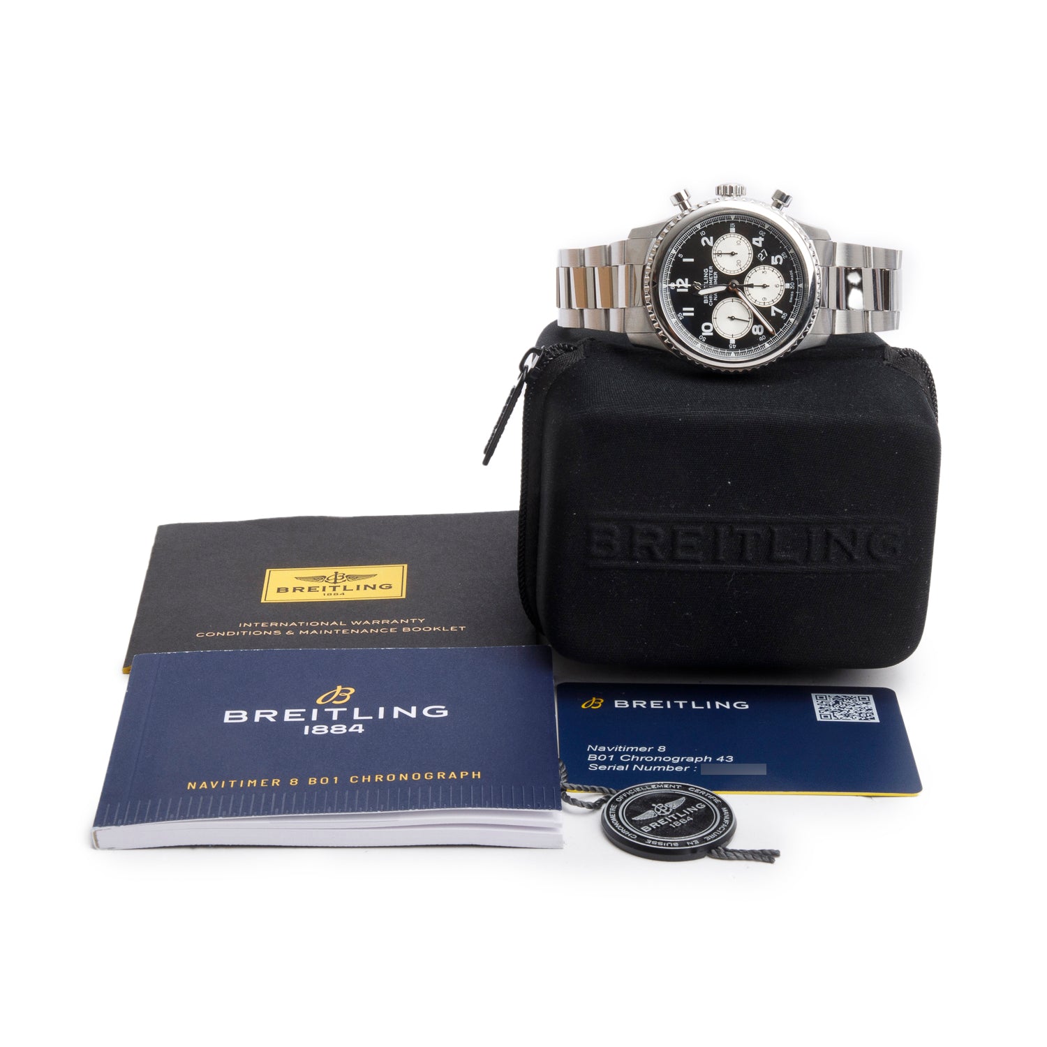 Breitling Stainless Steel Navitimer Aviator 8 B01 43 MM Automatic Chronograph Watch Black Dial AB0117 w/ Carry Case &Papers