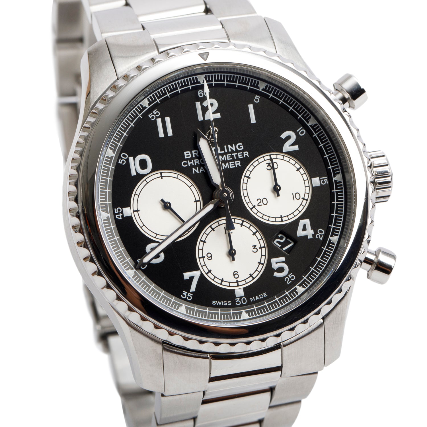 Breitling Stainless Steel Navitimer Aviator 8 B01 43 MM Automatic Chronograph Watch Black Dial AB0117 w/ Carry Case &Papers