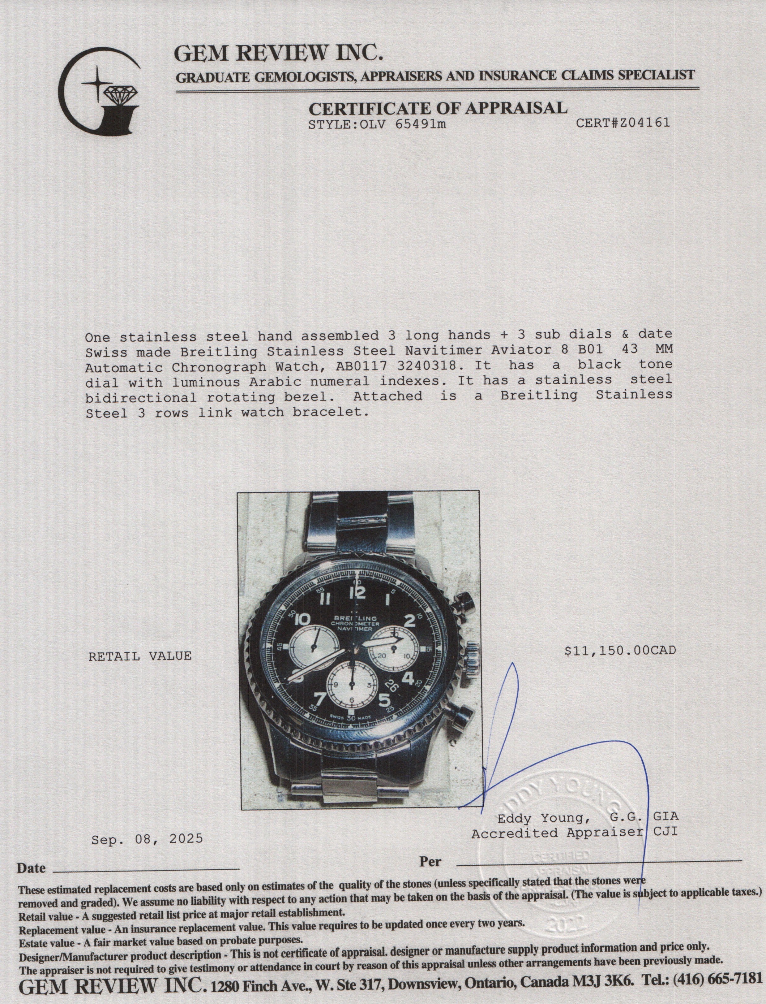 Breitling Stainless Steel Navitimer Aviator 8 B01 43 MM Automatic Chronograph Watch Black Dial AB0117 w/ Carry Case &Papers