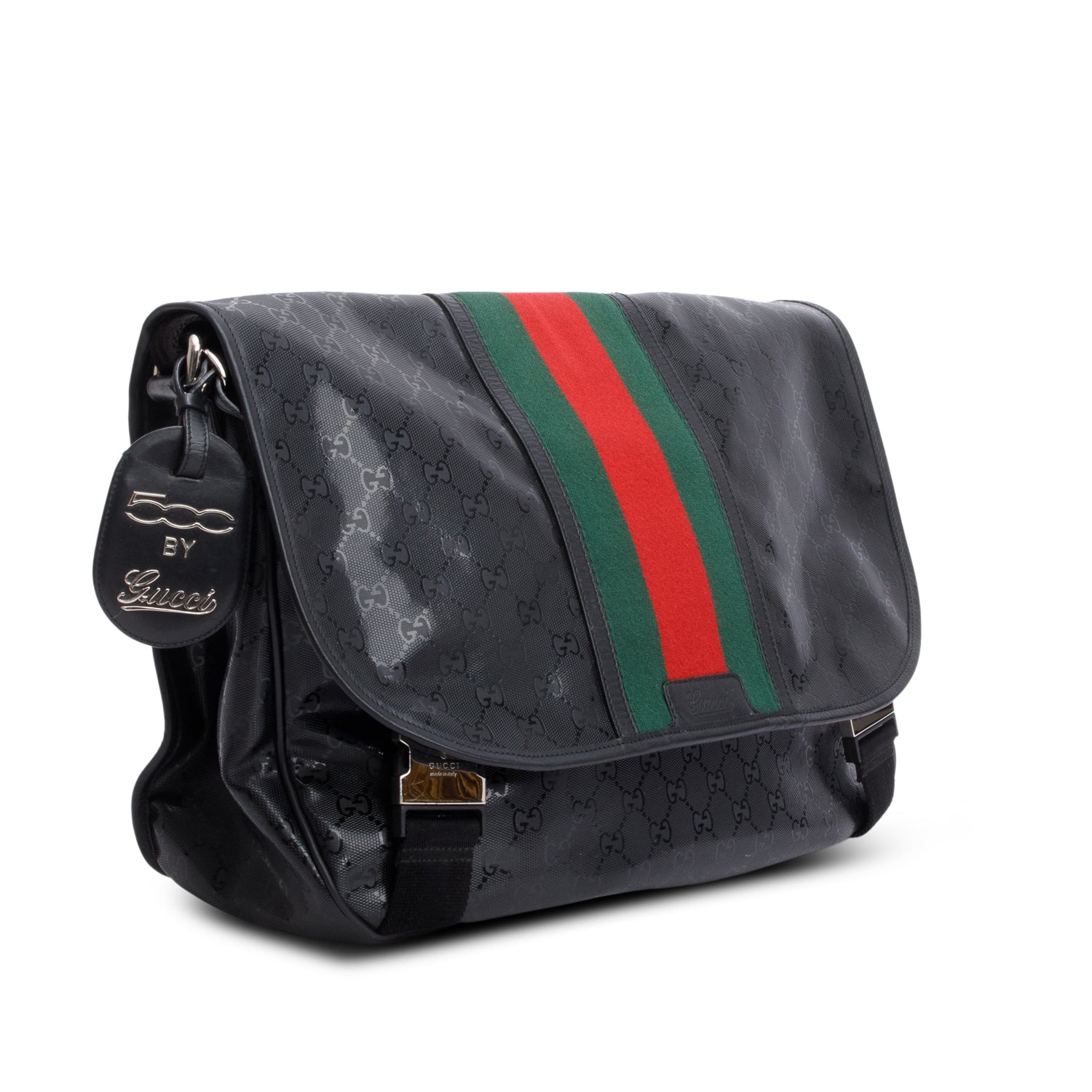 Gucci Black Imprime Monogram Medium Web 500 Double Buckle Flap Messenger Bag w/ Receipt