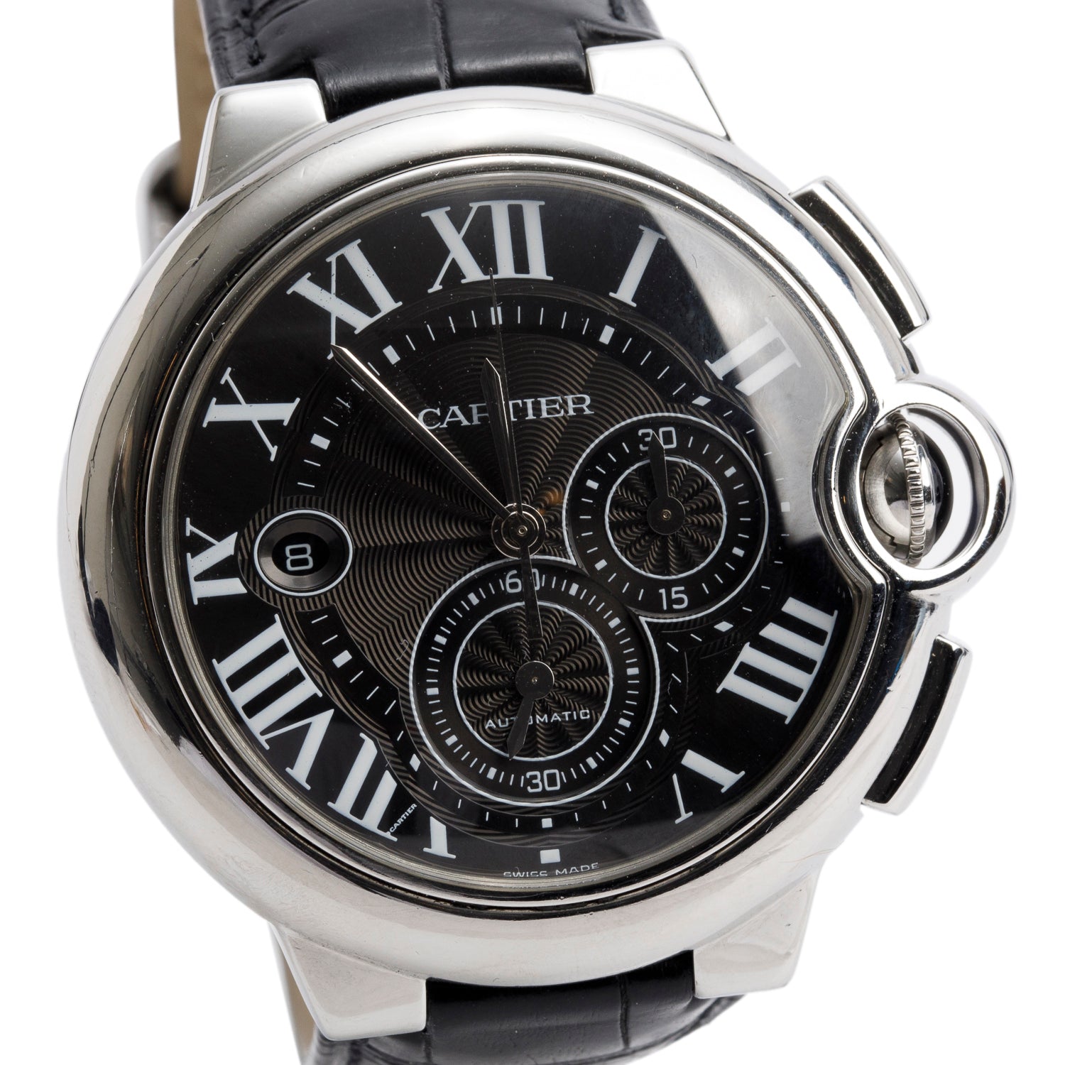 Cartier Stainless Steel Ballon Bleu de Cartier 44 MM Automatic Chronograph Watch Black Dial 3109