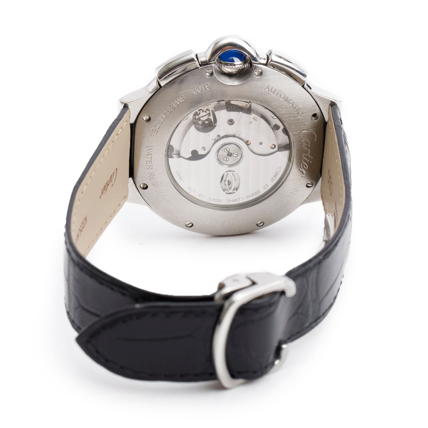 Cartier Stainless Steel Ballon Bleu de Cartier 44 MM Automatic Chronograph Watch Black Dial 3109