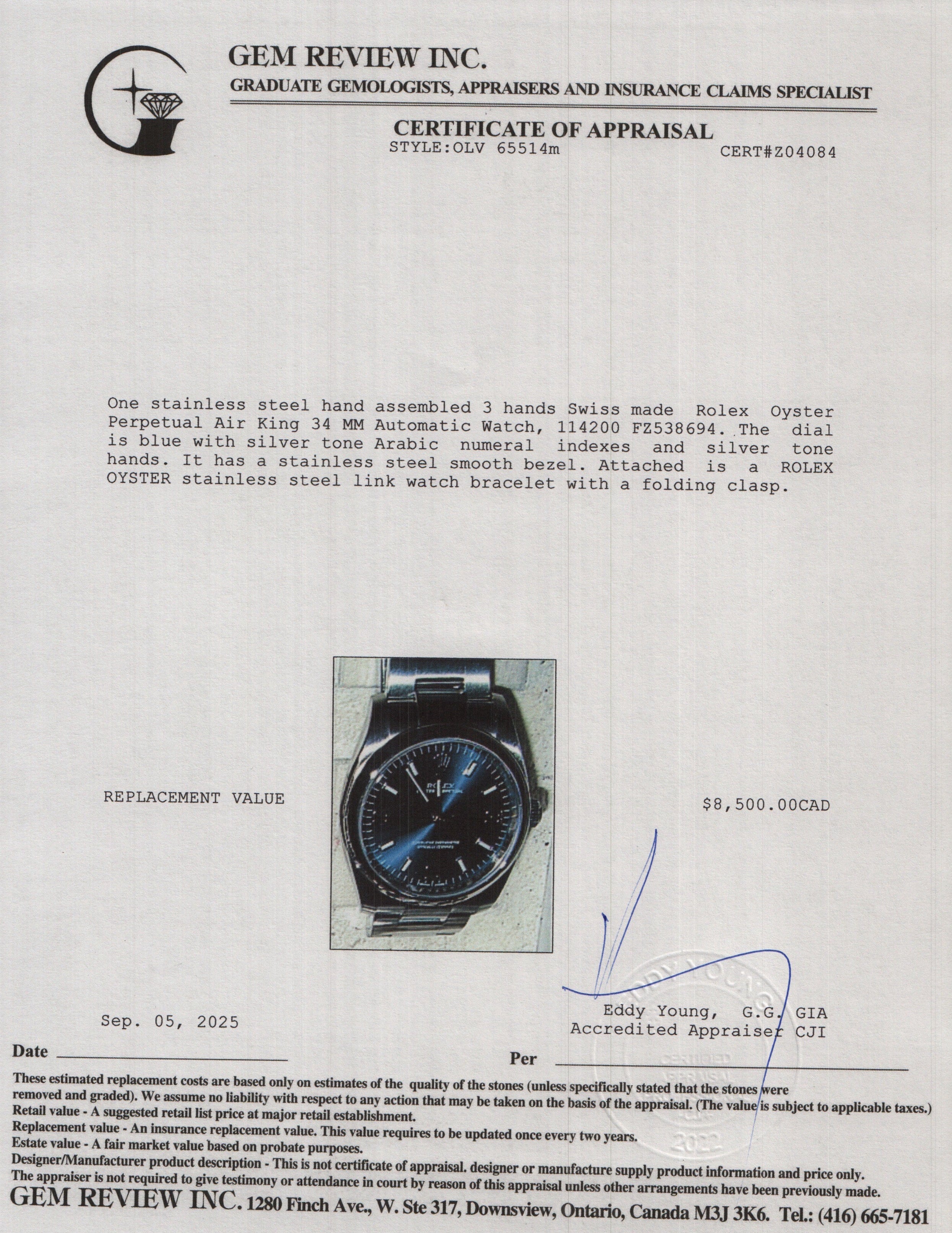 Rolex Stainless Steel Oyster Perpetual Air King 34 MM Automatic Watch Blue Dial 114200 w/ Box & Papers