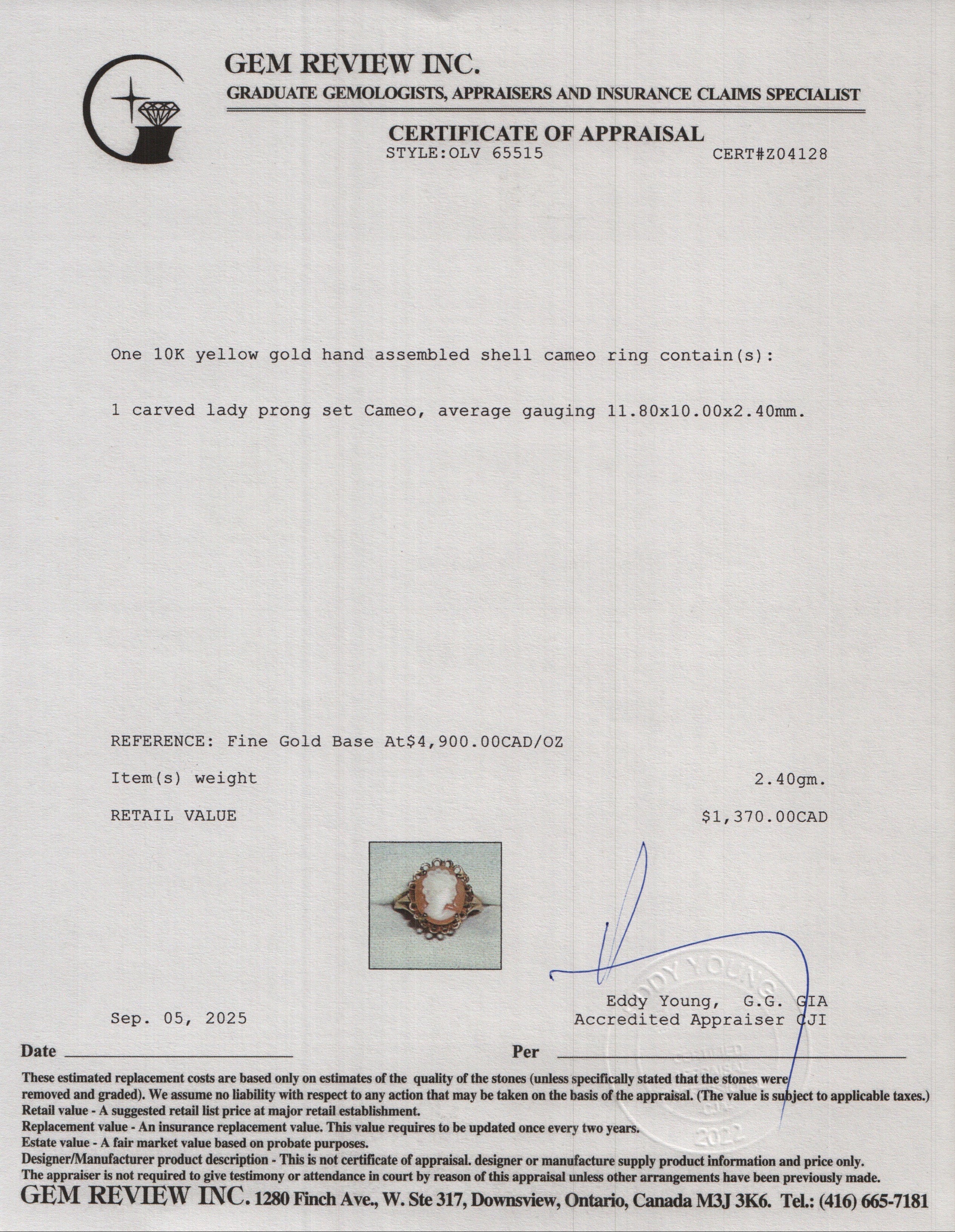 Antique 10k Yellow Gold Shell Cameo Ring, Size 6.5