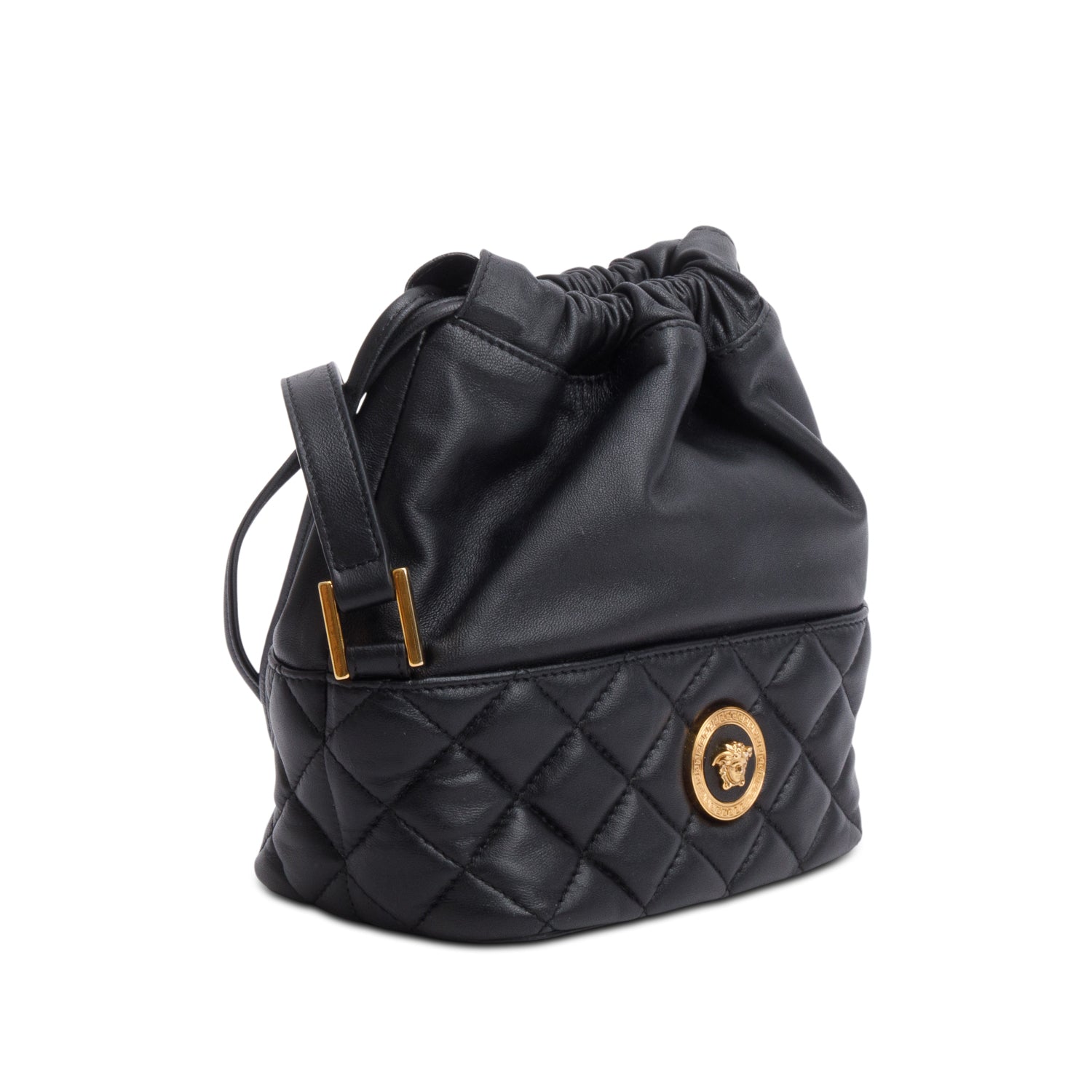 Versace Black Quilted Calfskin Leather Medusa Drawstring Crossbody Bag