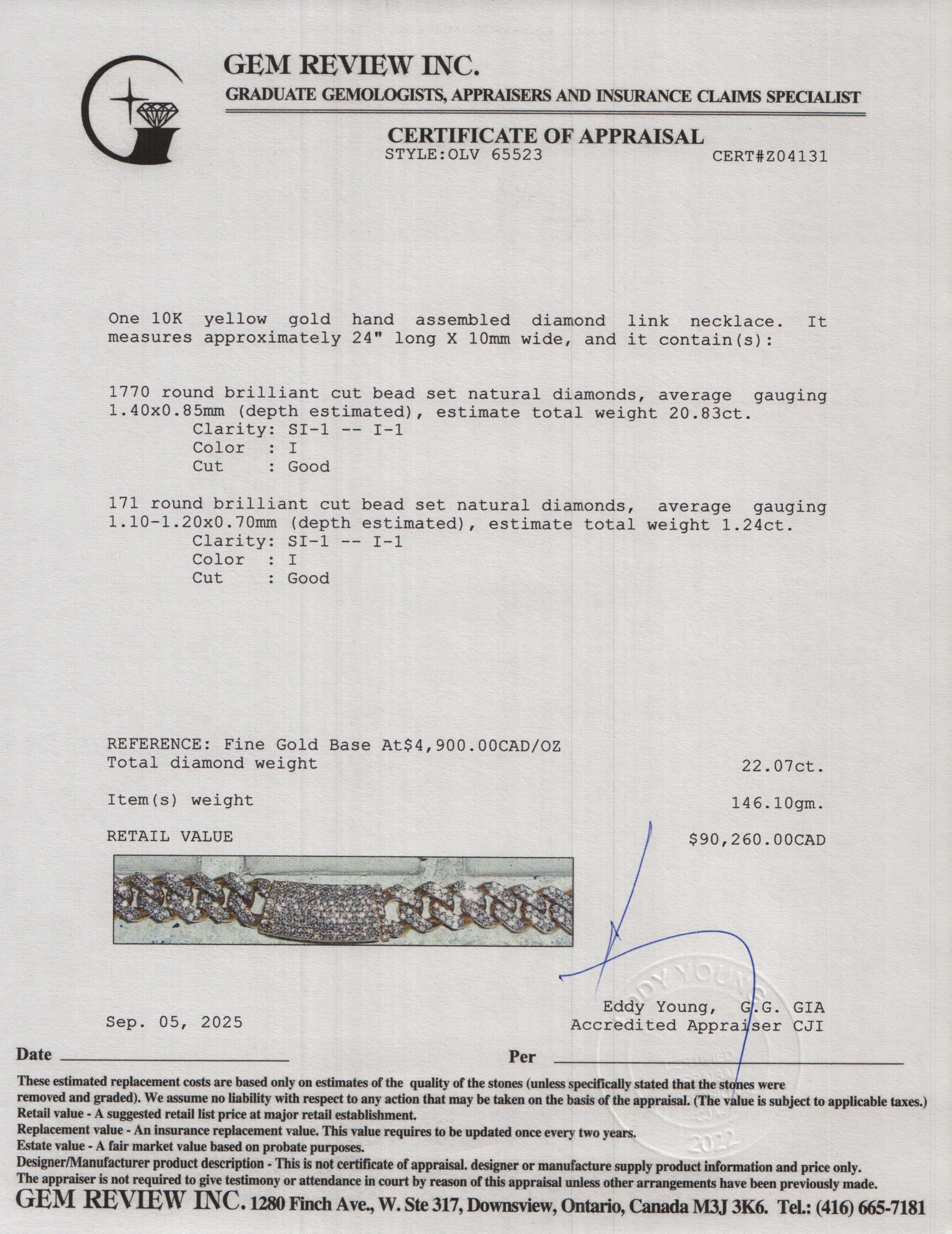 10k Yellow Gold 22.07 tcw. Diamond Cuban Link Necklace