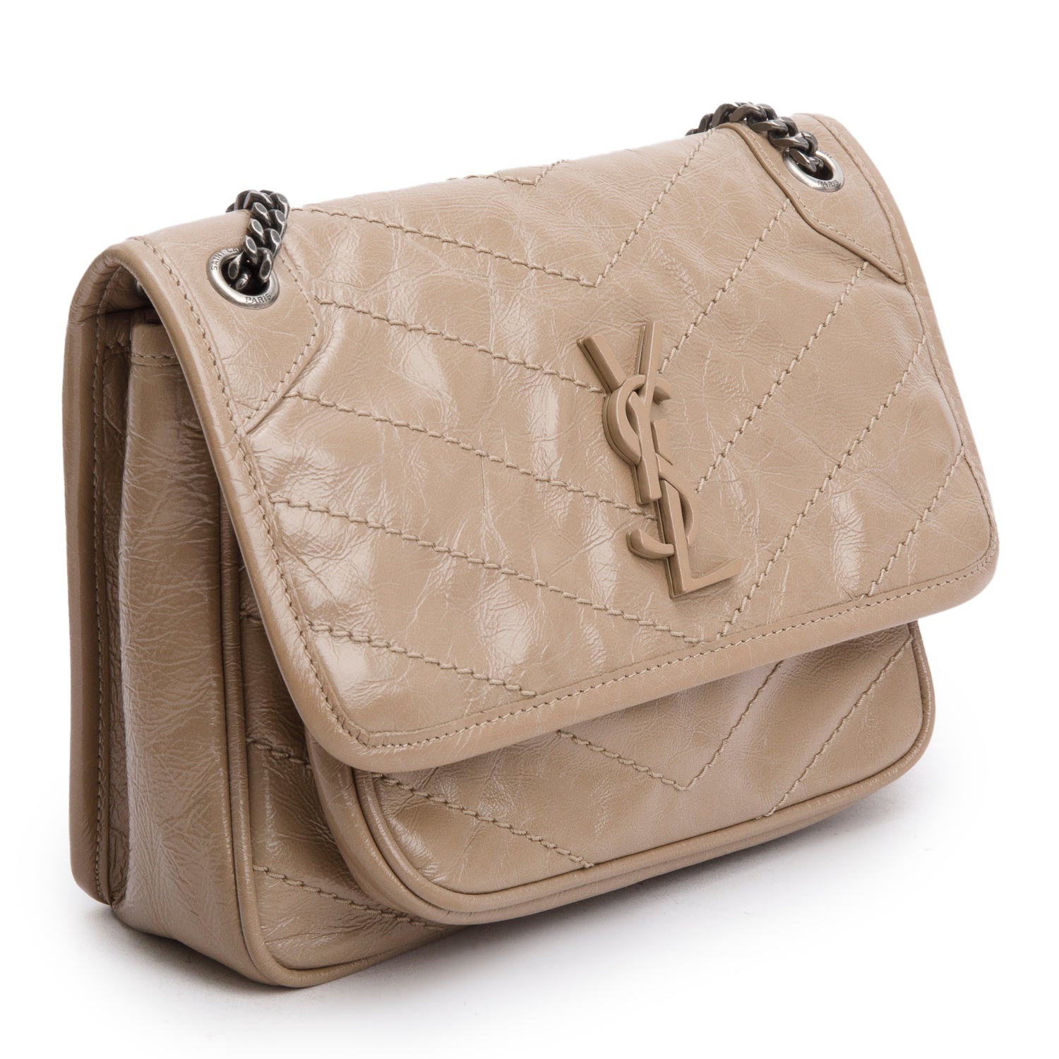 Saint Laurent Beige Crinkled Calfskin Matelasse Leather Baby Niki Shoulder Bag