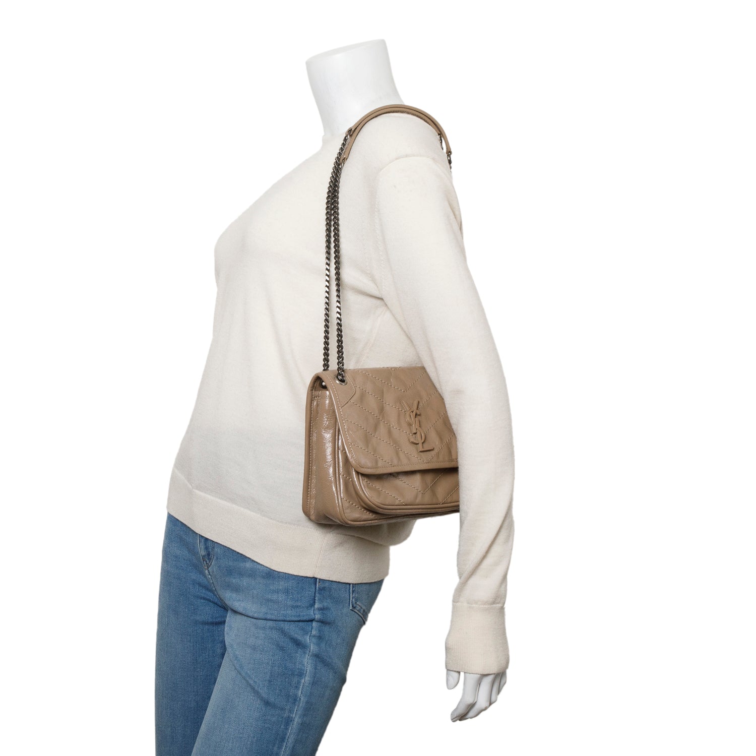 Saint Laurent Beige Crinkled Calfskin Matelasse Leather Baby Niki Shoulder Bag