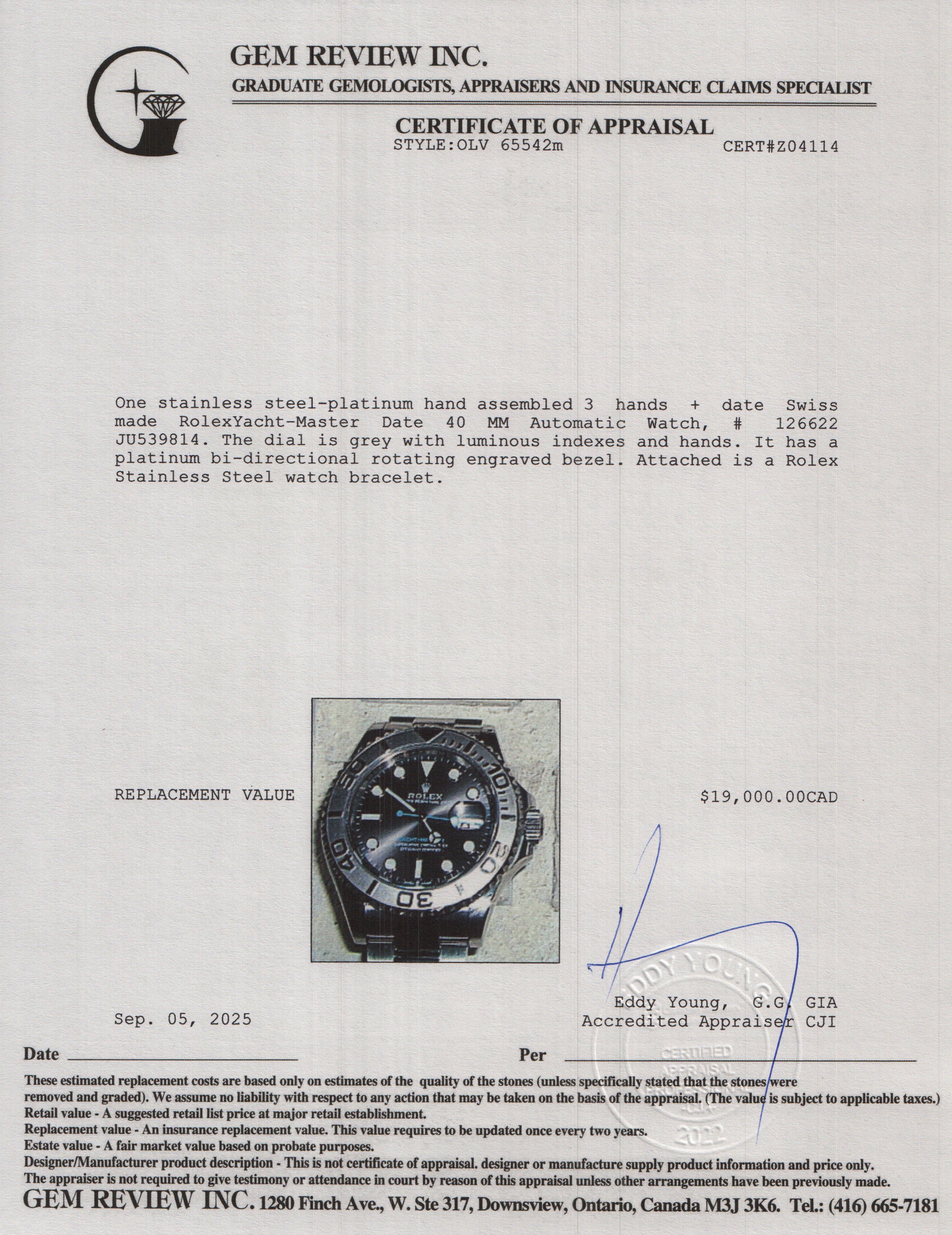 Rolex 2025 Stainless Steel & Platinum Yacht-Master Date 40 MM Automatic Watch Grey Dial 126622 w/ Box & Papers