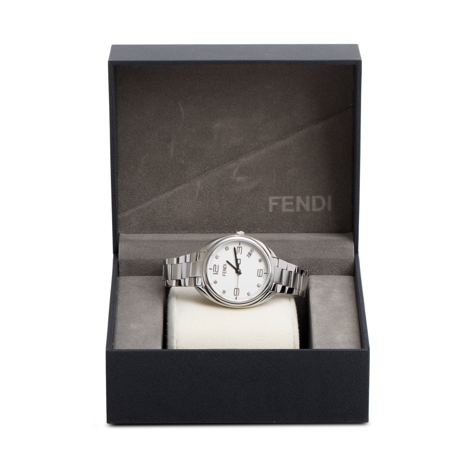 Fendi Stainless Steel White Diamond Dial Momento 34 MM Quartz Watch w/ Box
