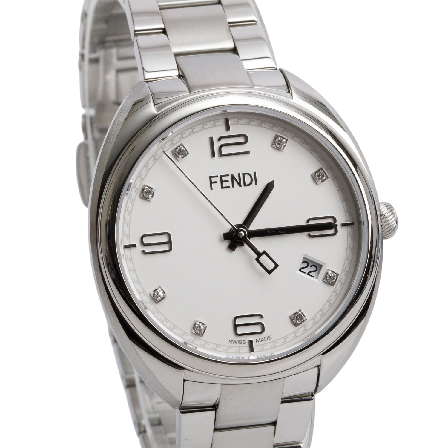 Fendi Stainless Steel White Diamond Dial Momento 34 MM Quartz Watch w/ Box