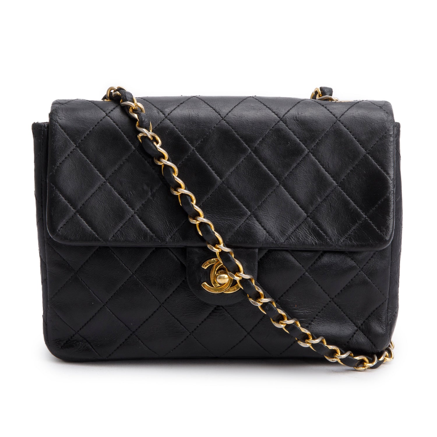 Chanel Vintage Black Lambskin Quilted Mini Square Flap Bag w/ Authenticity Card