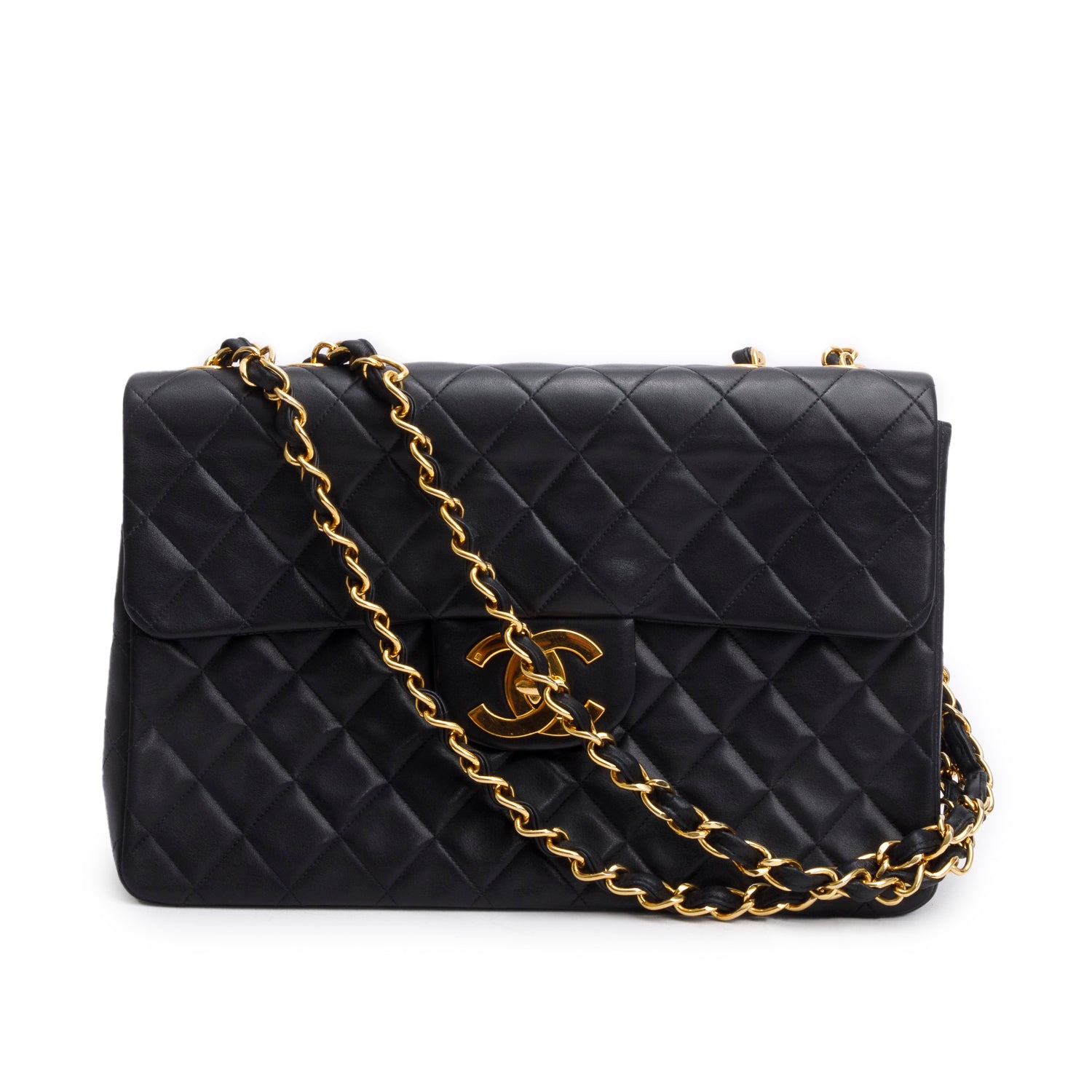 Chanel Vintage Black Lambskin Quilted Jumbo XL Flap w/ Authenticity Card