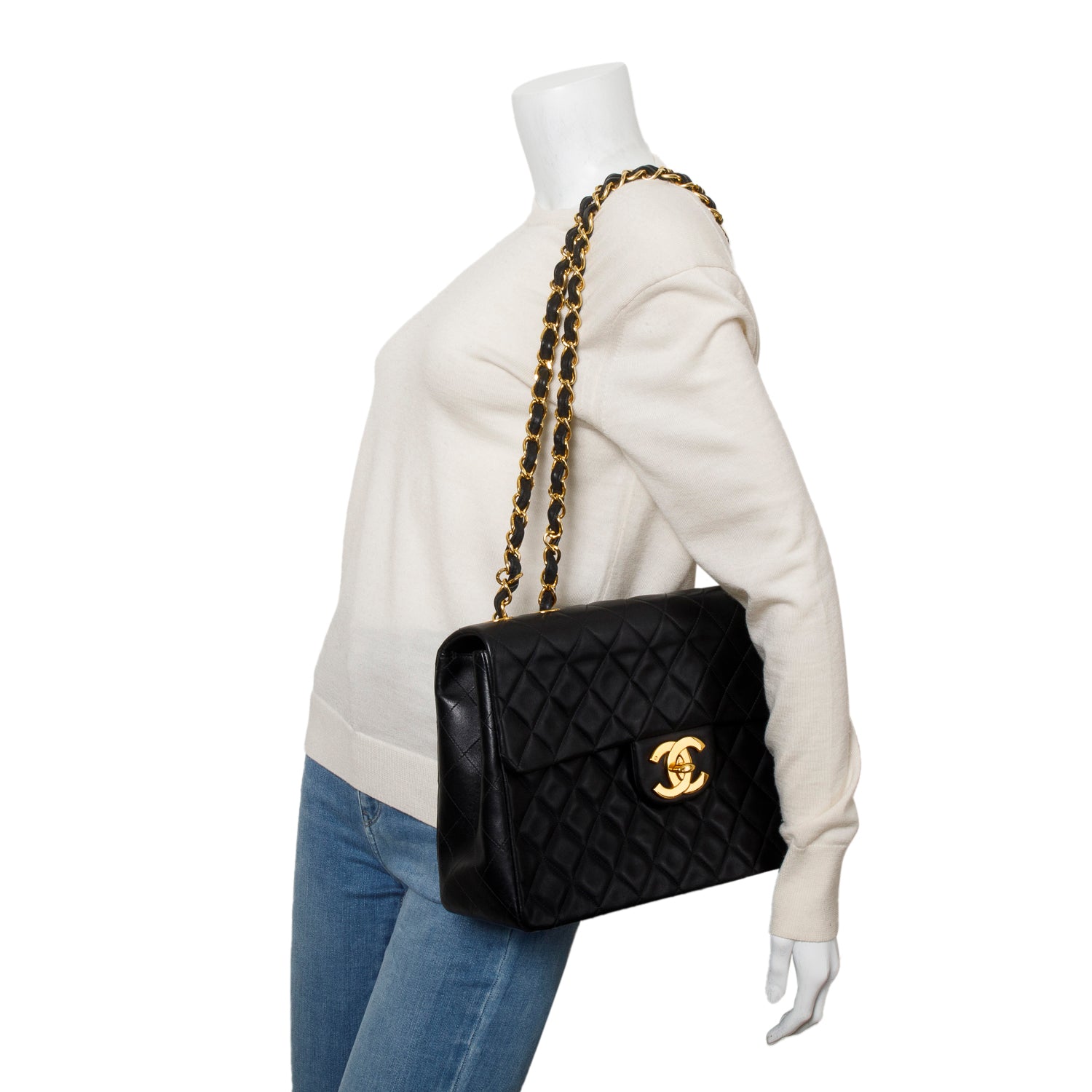 Chanel Vintage Black Lambskin Quilted Jumbo XL Flap w/ Authenticity Card