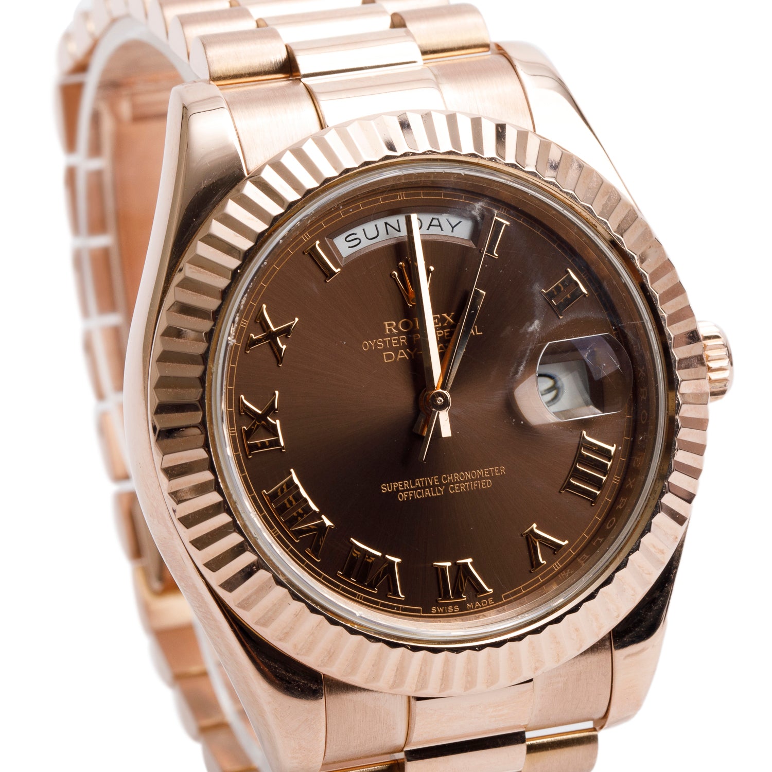 Rolex 18k Everose Gold Day Date II 41 MM President Watch Chocolate Roman Dial 218235 w/ Box & Papers