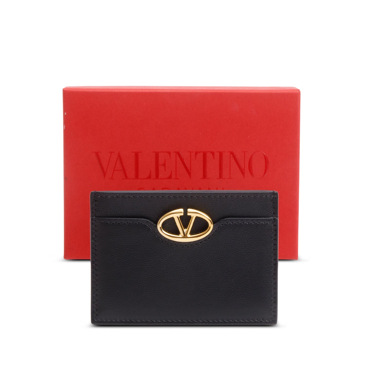 Valentino Black Leather VLogo Card Holder w/ Box