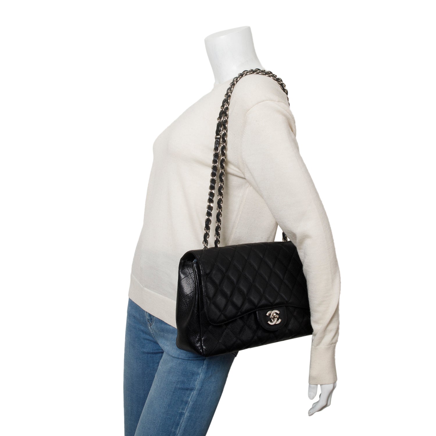 Chanel Black Caviar Jumbo Single Flap Bag w/ Authenticity Card