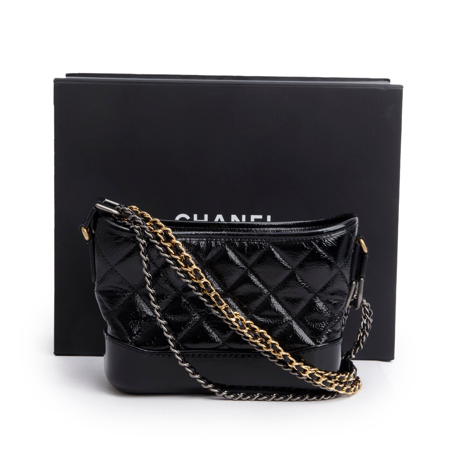 Chanel 2020 Black Patent Leather Aged Lambskin Small Gabrielle Hobo w/ Box, Authenticity Card & Receipt