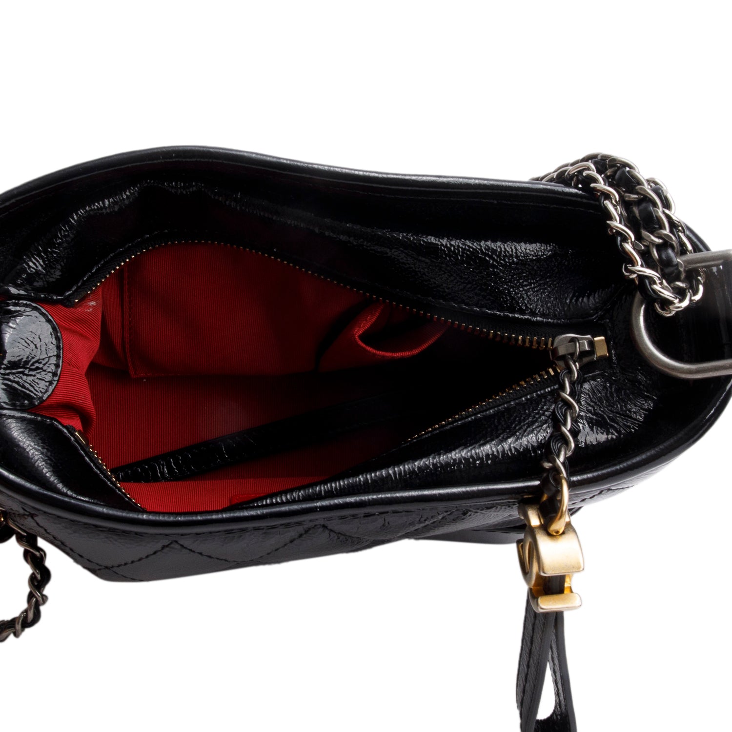 Chanel 2020 Black Patent Leather Aged Lambskin Small Gabrielle Hobo w/ Box, Authenticity Card & Receipt