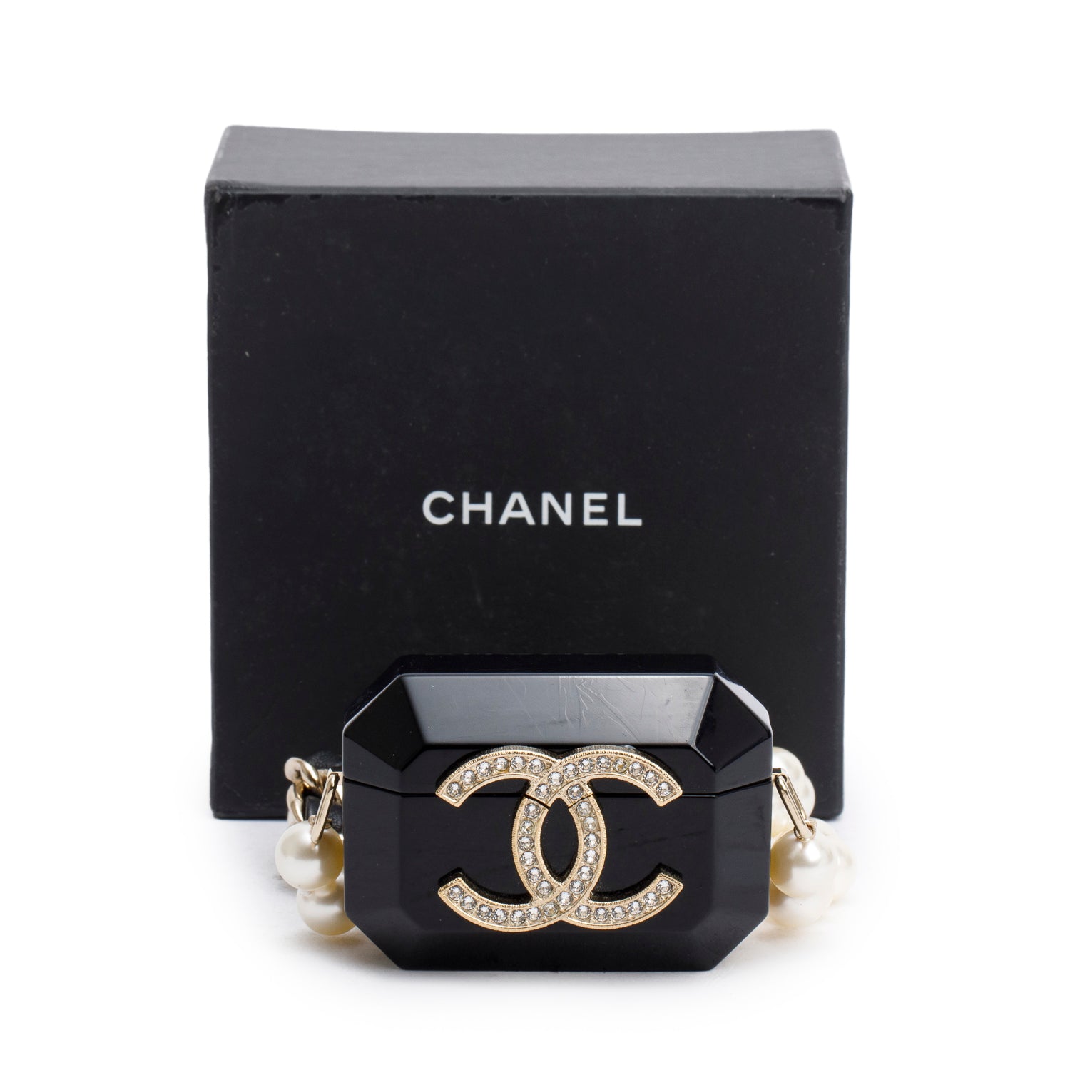 Chanel 2021 Black Resin Crystal CC Faux Pearl Airpod Holder Necklace w/ Box