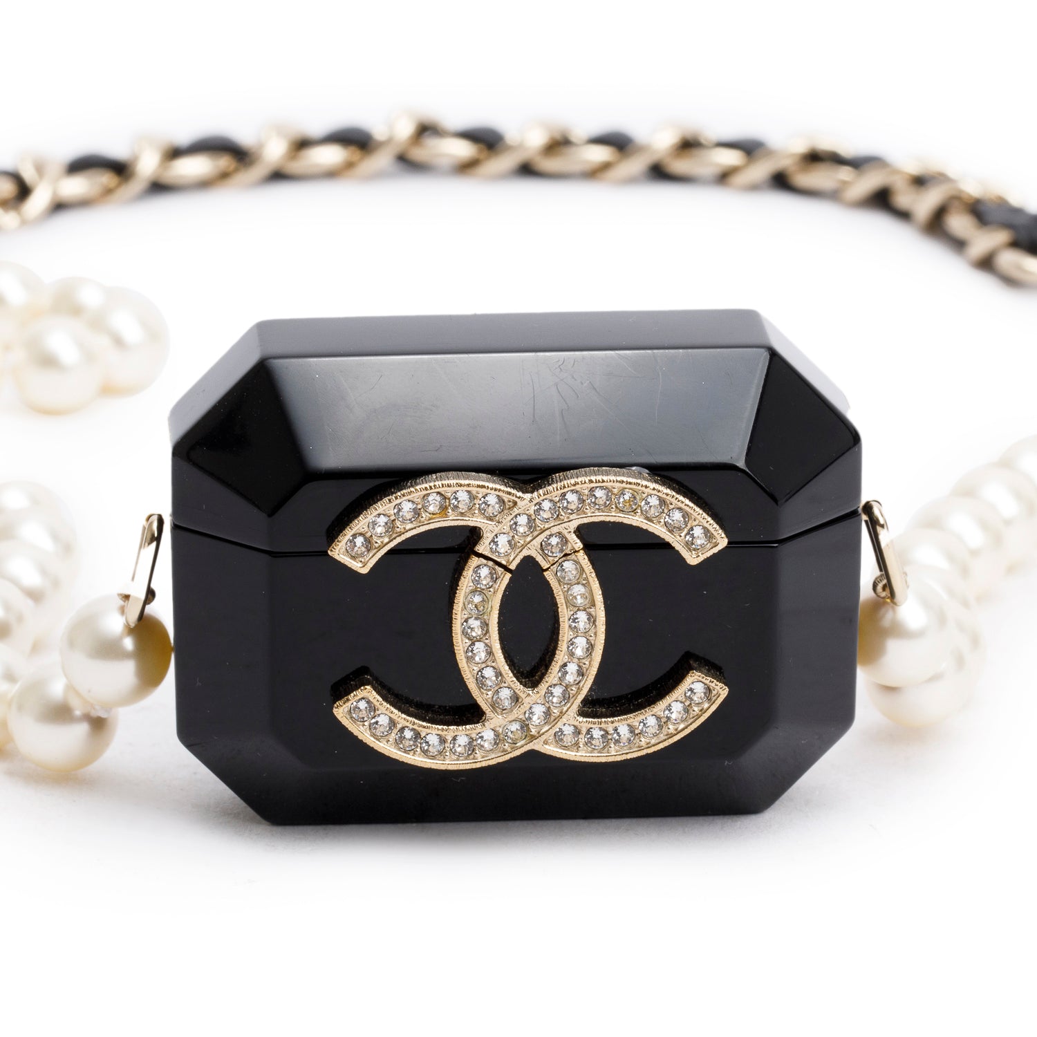 Chanel 2021 Black Resin Crystal CC Faux Pearl Airpod Holder Necklace w/ Box