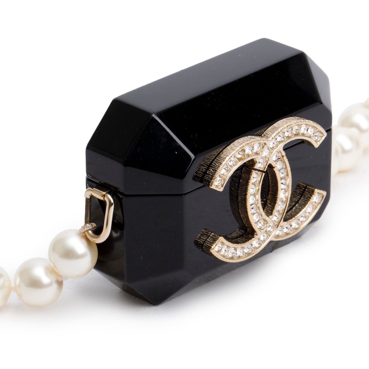 Chanel 2021 Black Resin Crystal CC Faux Pearl Airpod Holder Necklace w/ Box