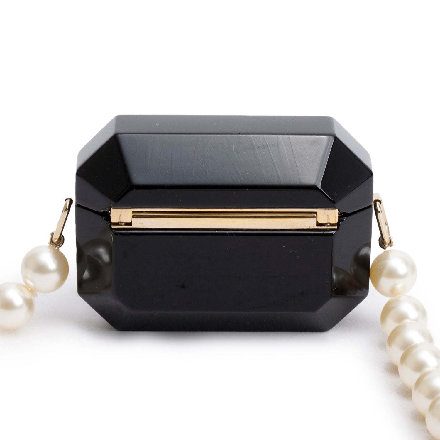 Chanel 2021 Black Resin Crystal CC Faux Pearl Airpod Holder Necklace w/ Box